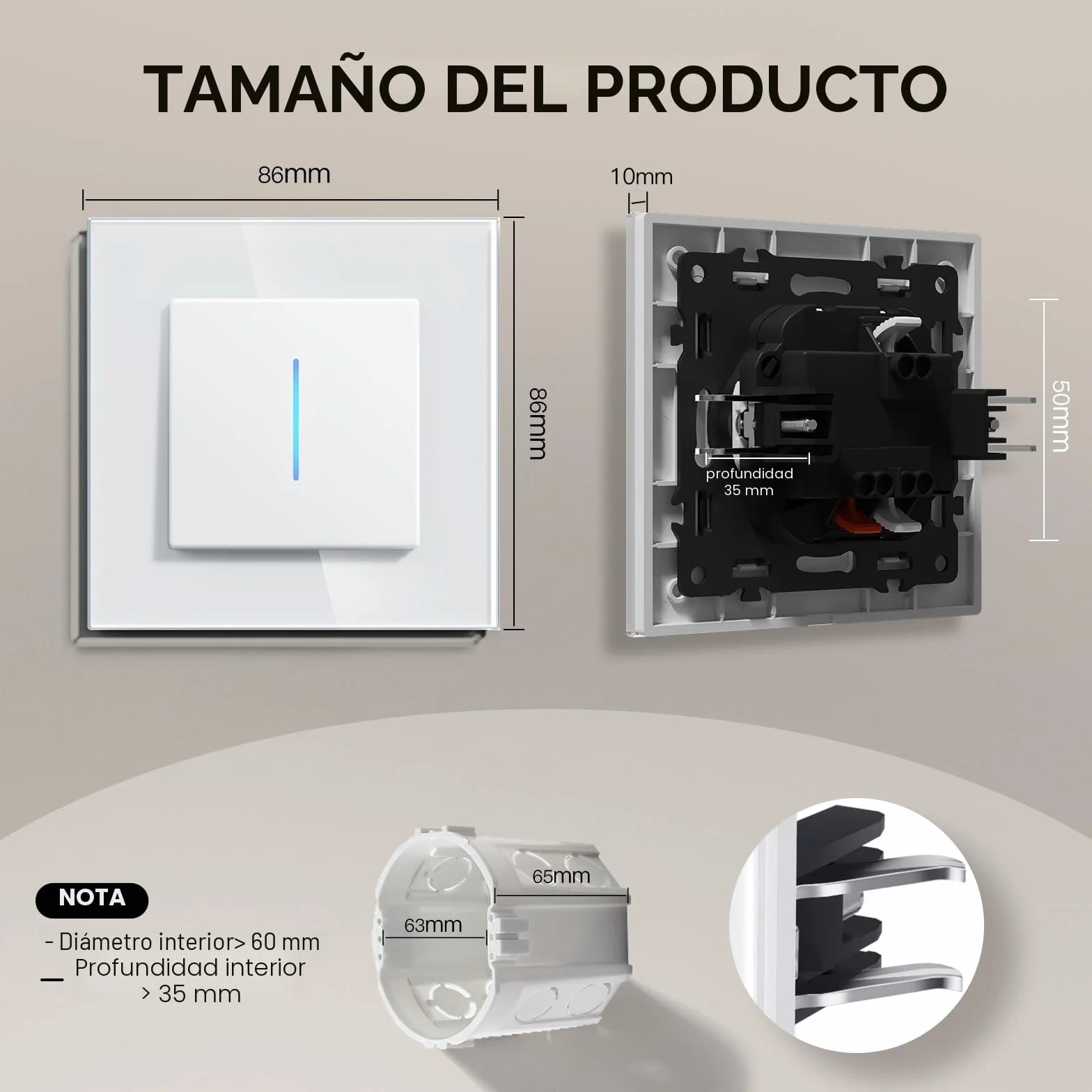 BSEED Interruptor pared con Cristal,Interruptor de luz con Garfio,Basculante Con Pilotitos LED,Fácil Instalación,Fáciles de Limpiar,E-Series,1 Gang 1 Vía - 2 Paquetes,86mm Blanco