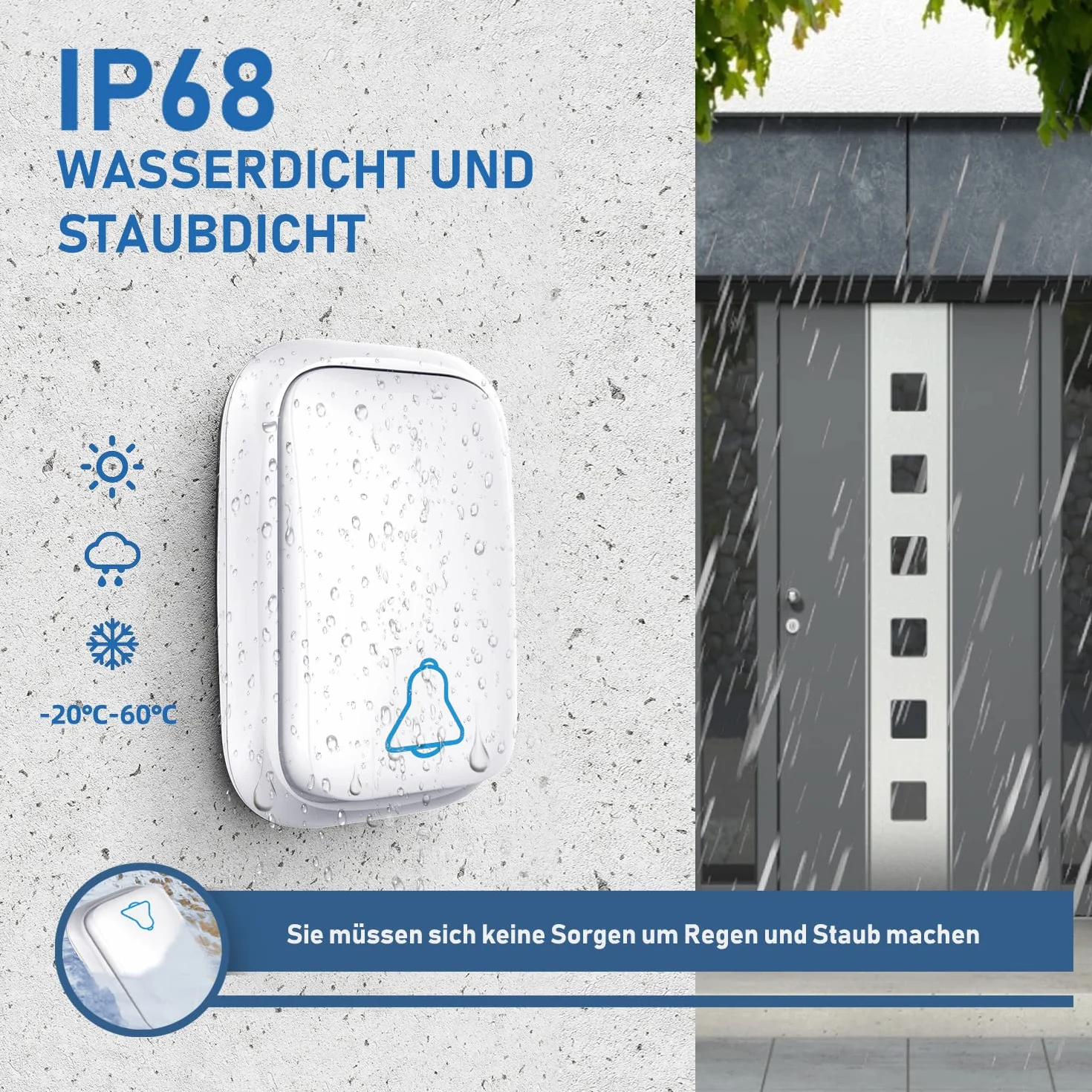 Timbre de puerta inalámbrico exterior impermeable IP68 2 receptores 150m 37 tonos 4 niveles volumen blanco