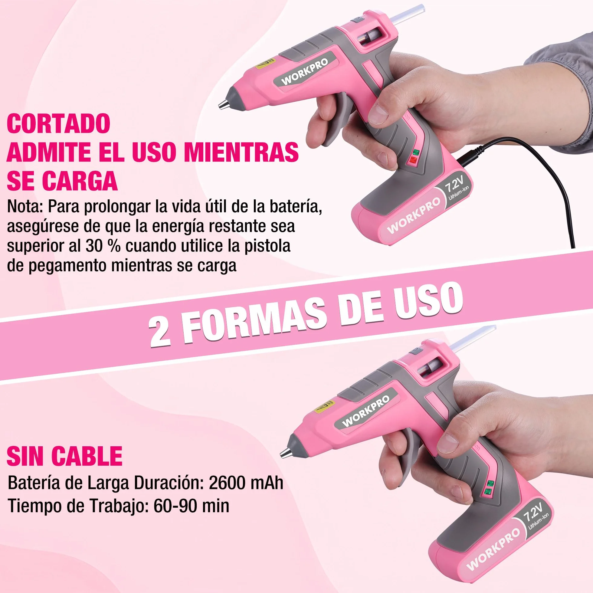 WORKPRO Pistola de Silicona 7,2 V Inalámbrica y con Cable, 20 Barras Incluidas, Calentamiento Rápido 30 s, Flujo Constante de Pegamento, Carga USB-C, para Manualidades y Reparaciones | Calentamiento Rápido en 30s con Flujo Constante para Manualidades, Rep