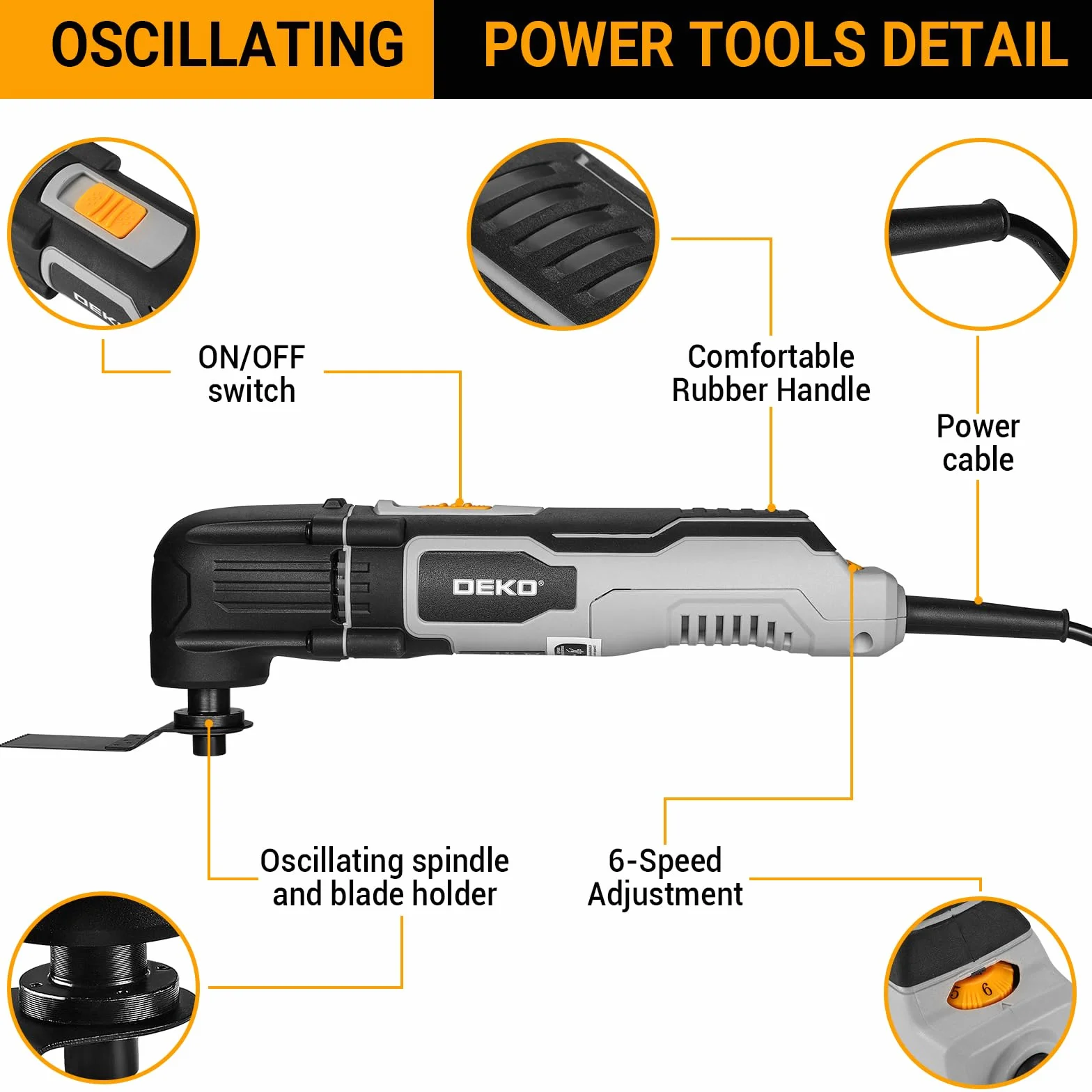 DEKOPRO Multitool Oscilante de 300W, 3000-22 000 rpm, Multitool Eléctrico con Cable, Control de 6 Velocidades, Incluye 10 Hojas de Lija, Apto para Madera y Metal