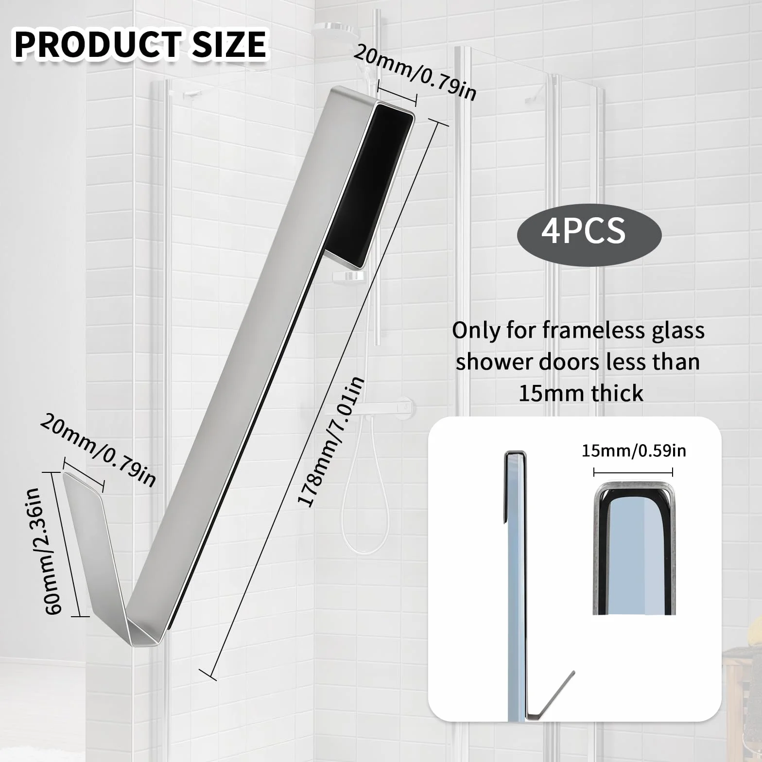 Ganchos de Ducha 4 Piezas en Acero Inoxidable - Porta Toallas para Vidrio sin Perforar, Antideslizante y Resistente, Fácil de Colgar para Baño, Ducha y Cocina para Vidrio hasta 13mm de Espesor