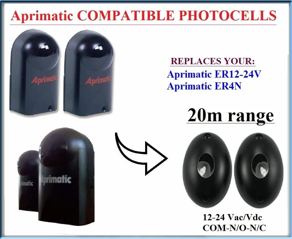 Aprimatic ER12-24V / Aprimatic ER4N fotocélulas de infrarrojos universal compatible. Par de exterior en múltiples fotocélulas sensores de seguridad! 12-24 V, N.O-COM-N.C con la gama 20 m