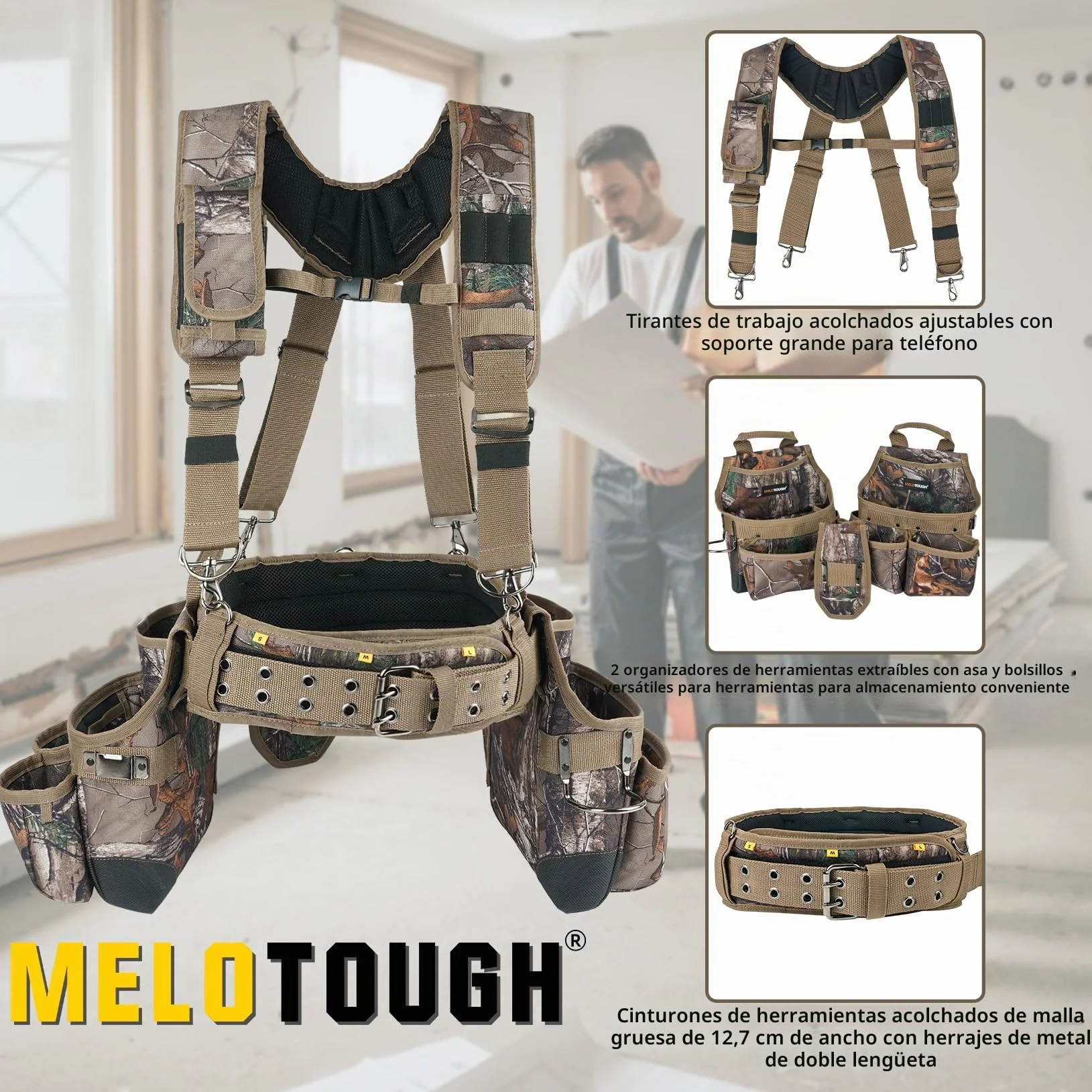 MELOTOUGH - Cinturón de herramientas con camuflaje y tirantes Bolso de herramientas con camuflaje y tirantes Combinación de peine, delantal, cinturón de herramientas, bolsa de herramientas para