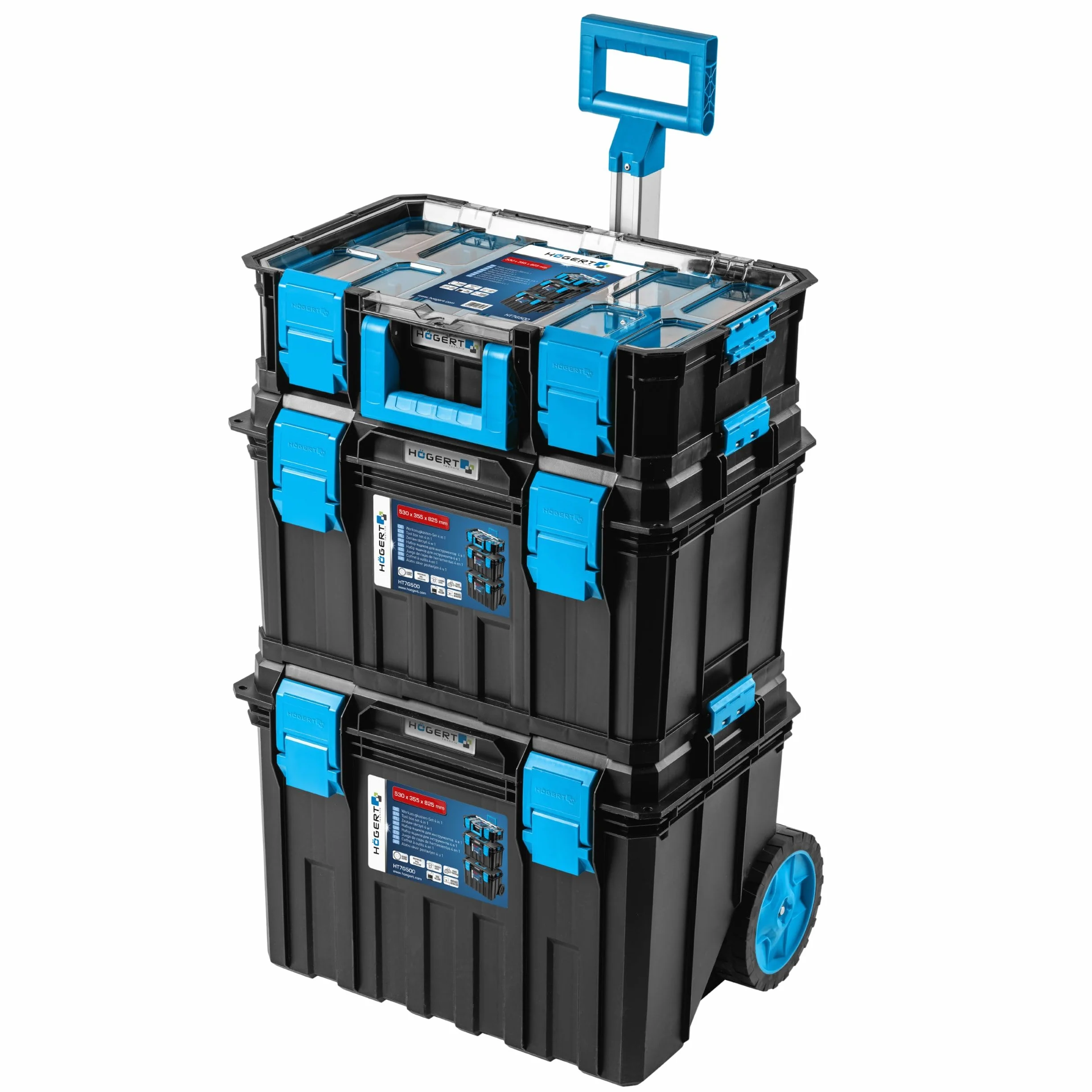 Högert Technik - Set de Cajas 4 en 1 HT7G500, Caja Herramientas con Ruedas, Resistente a Daños, Maletin Herramientas a Prueba de Polvo, Cierres Robustos de ABS, Estructura Modular