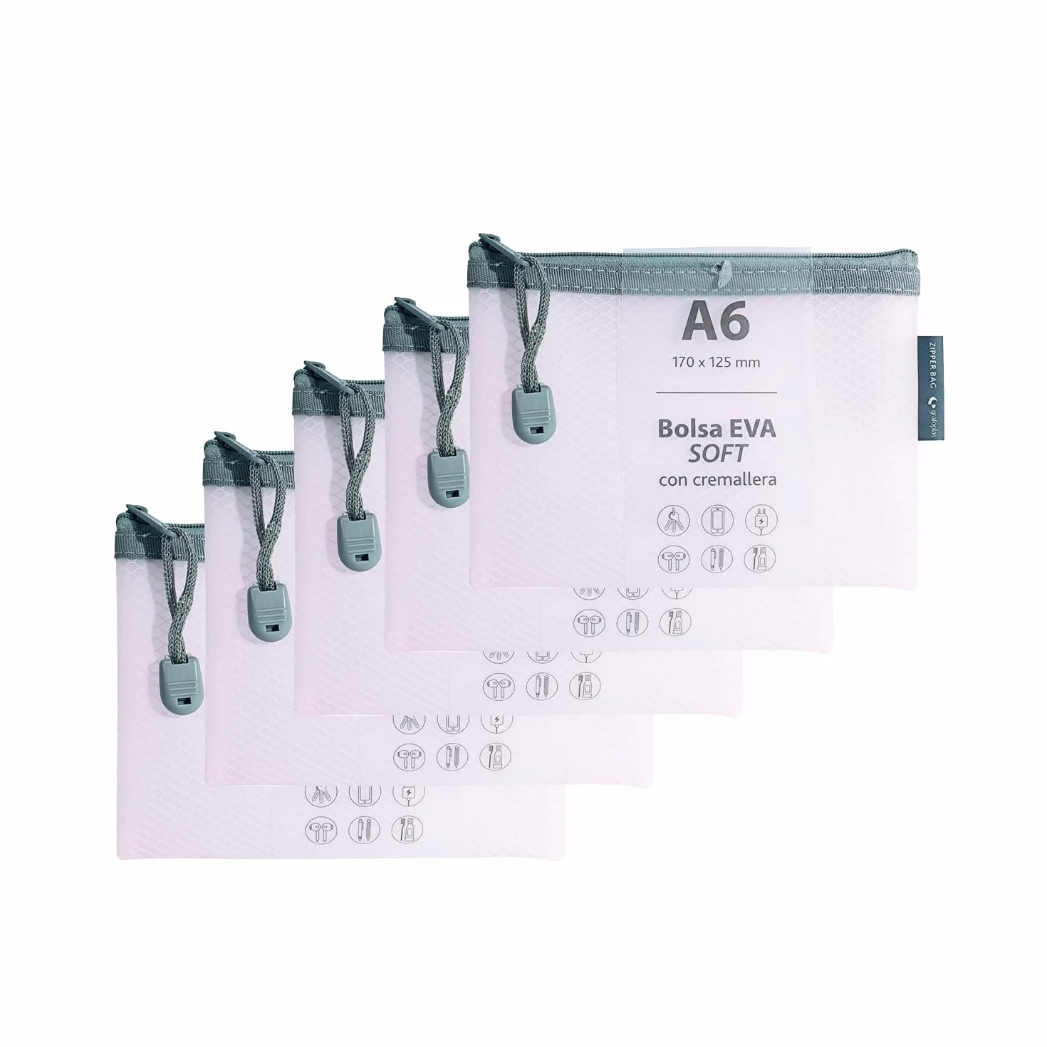 Grafoplas Pack de 5 Bolsas con Cremallera EVA Soft a6, Rosa Pastel, Tacto Suave, Zipper Bags Hechas con Goma EVA Transparente, Ideal para Transportar y Proteger Todo Tipo de Artículos y Documentos