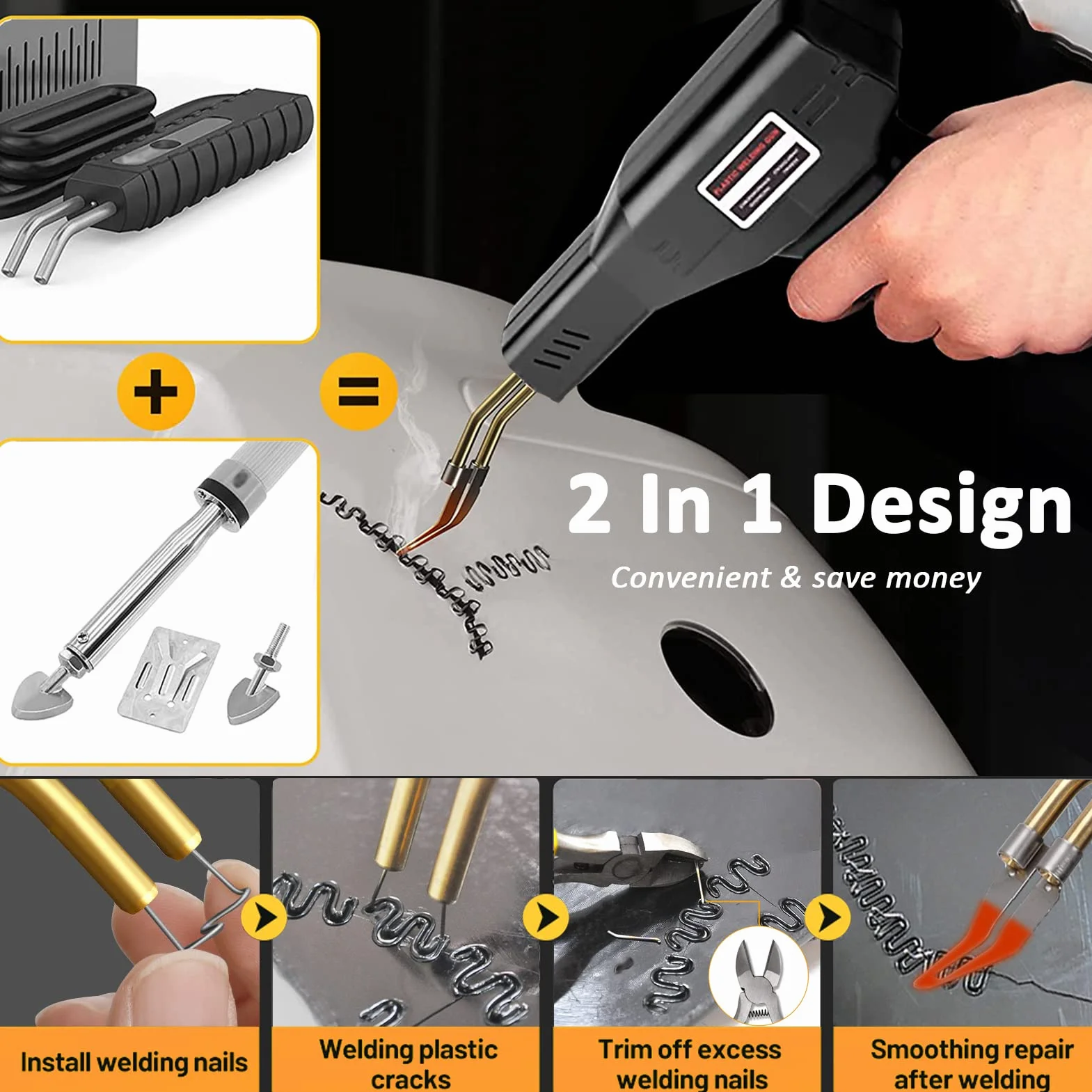 220W Soldador de Plástico, 2 en 1 Plástico Soldadura Reparando Kit con 2pcs Herramientas de Suavización, 800pcs Grapas & 64pcs Varillas Soldadura para Reparación Parachoques, Piezas de Plástico