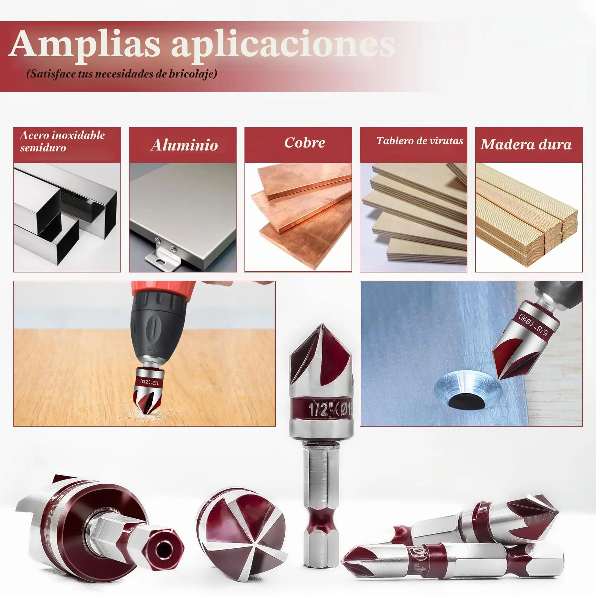 ASNOMY Juego de 5 Brocas Avellanadoras Cónicas de 82° para Metal y Madera - Avellanador y Desbarbado con Puntas Biseladas