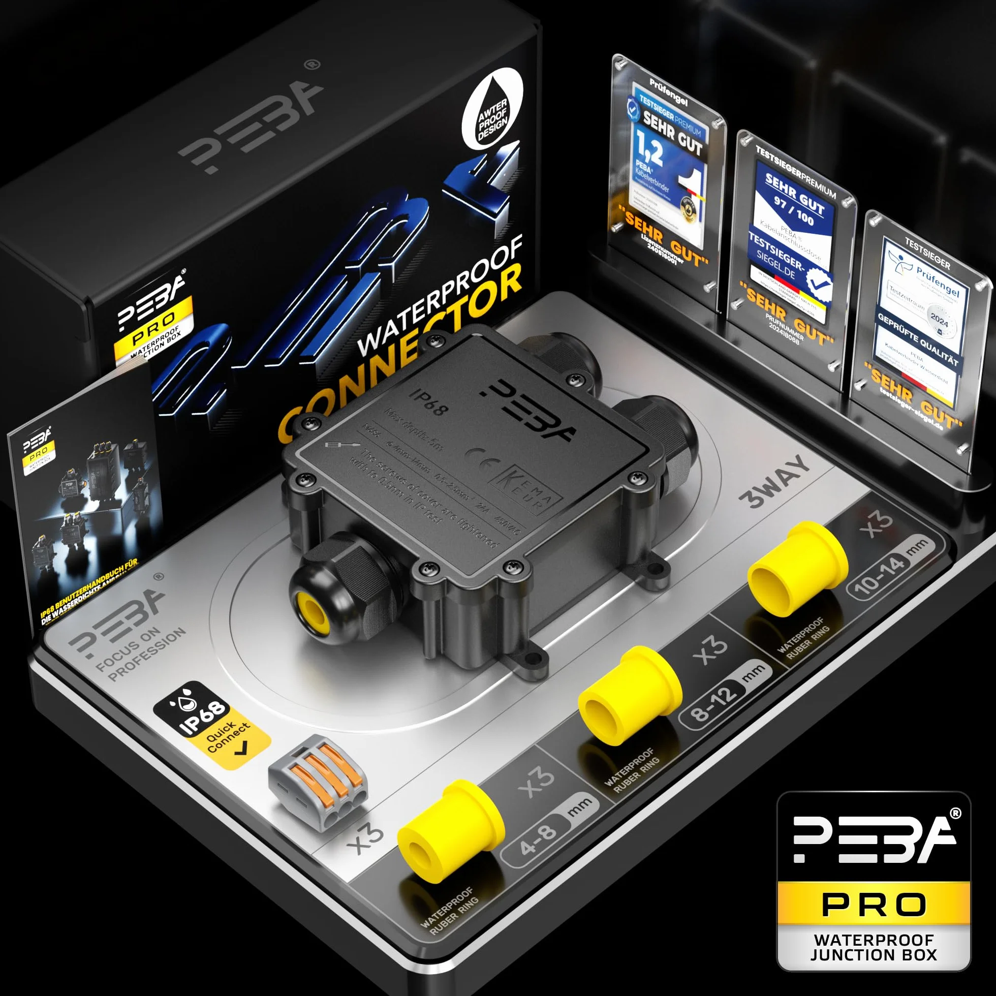 PEBA® Cajas de Conexiones Impermeables IP68, Conector de cable estanco,Caja de conexiones de conector de cable Exterior de 3 vías, Apto para cables Ø4-14 mm Caja Conexiones Negro,1 piezas