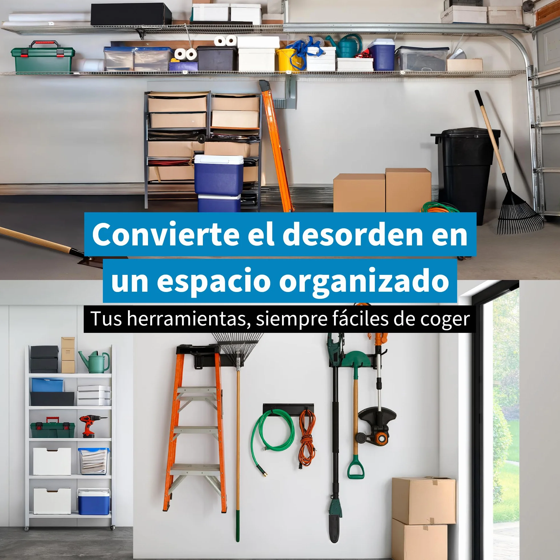 Precision Defined Almacenamiento de garaje, organización de garaje, organizador de herramientas de jardín de montaje en pared, ganchos ajustables de metal resistente, sistema de colgador de patio
