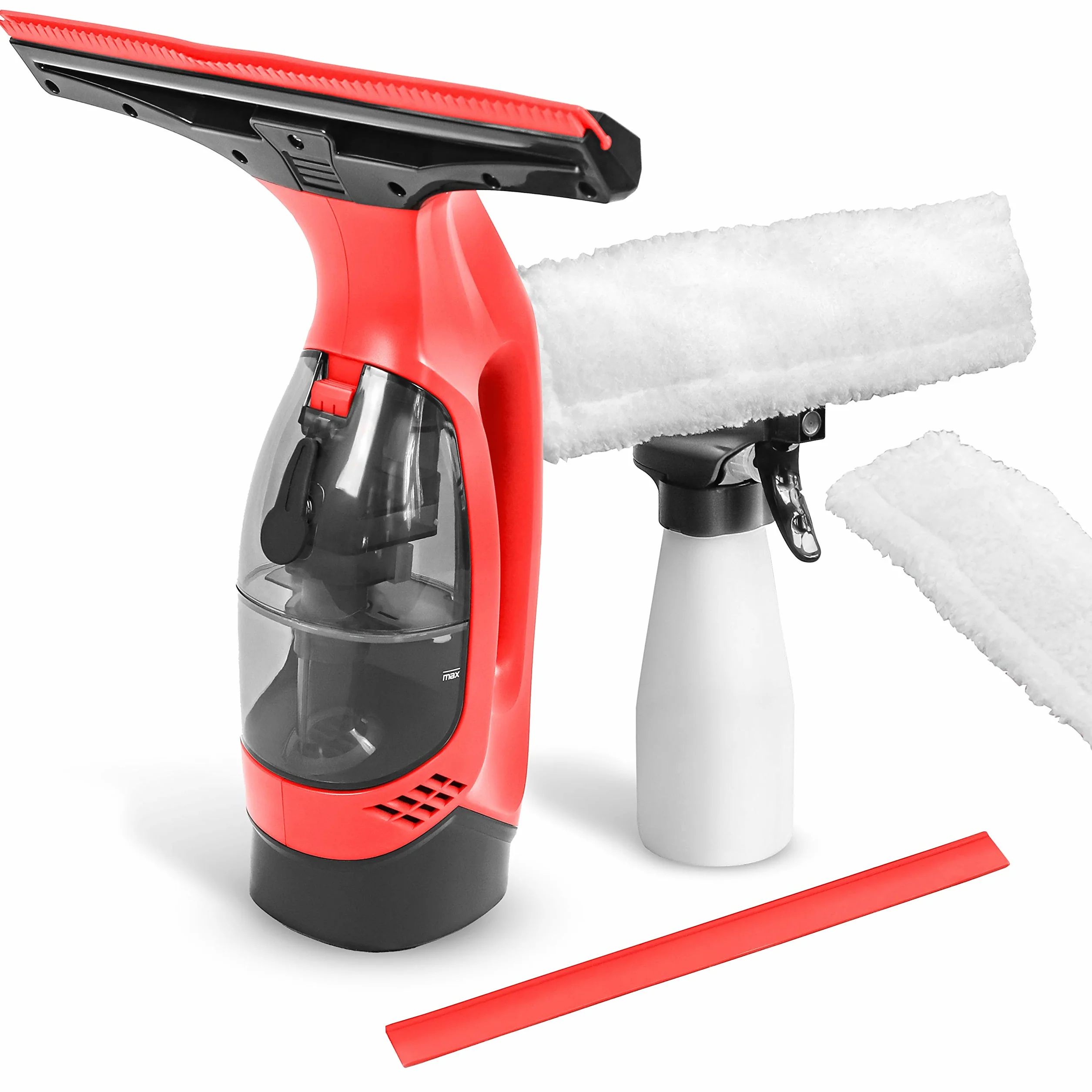 STARK Limpiacristales Eléctrico para Ventanas. Con batería recargable, depósito extraíble, biotella spray, escobilla de repuesto y 2 paños de microfibra (Rojo).