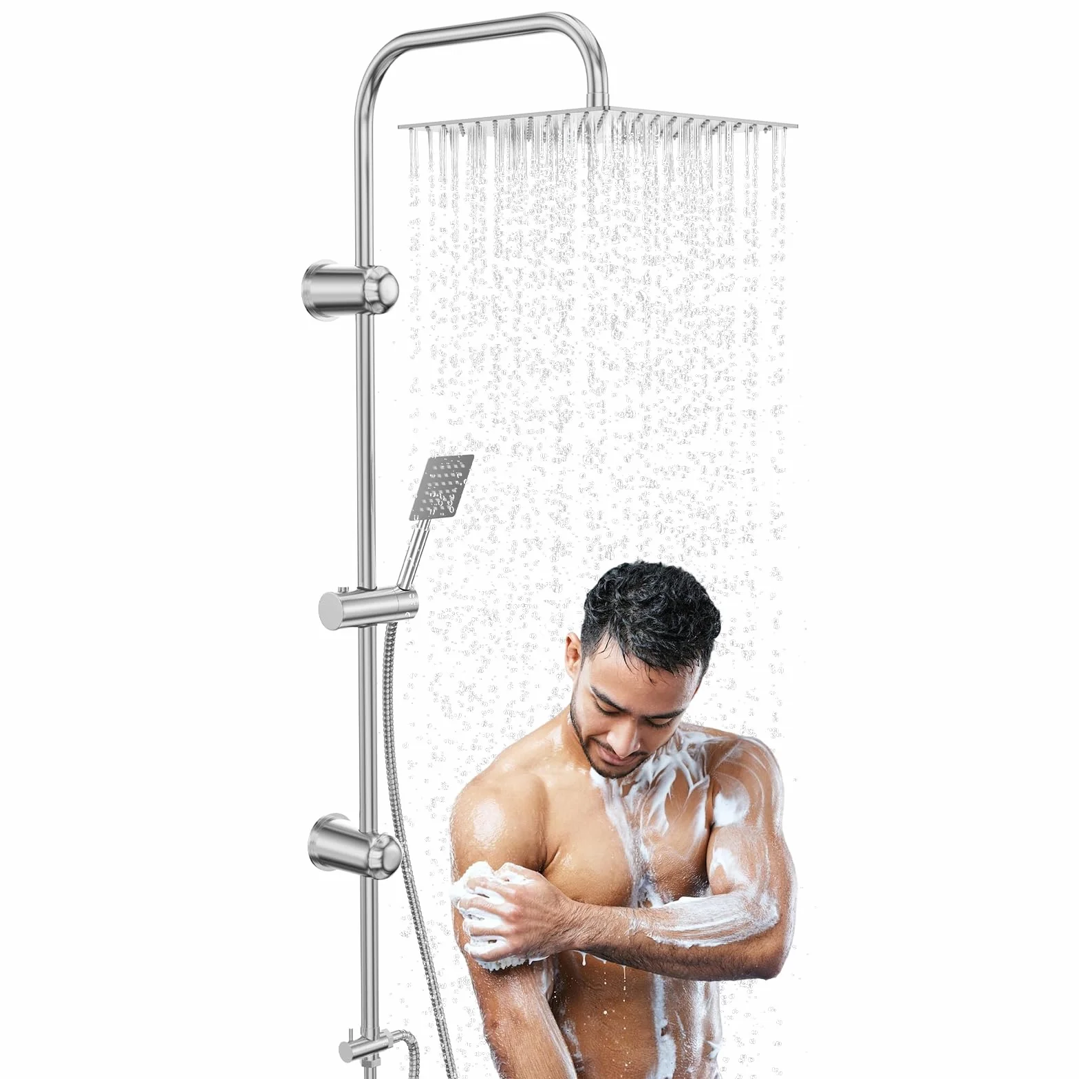 Columna Ducha Completa Acero Inoxidable Cromado Cabezal Lluvia 30x30 cm Soporte Ajustable