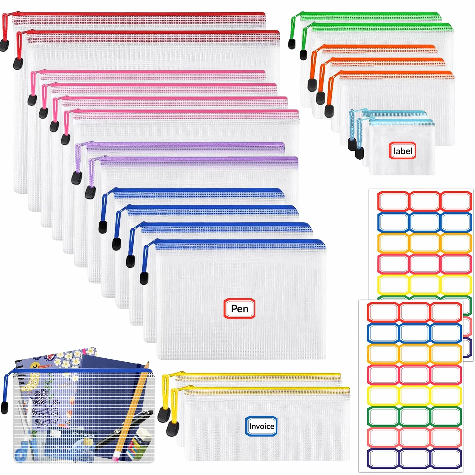 Bolsas Transparentes con Cremallera 21 Piezas Impermeable Organización Archivos Almacenamiento Papelería 8 Tamaños