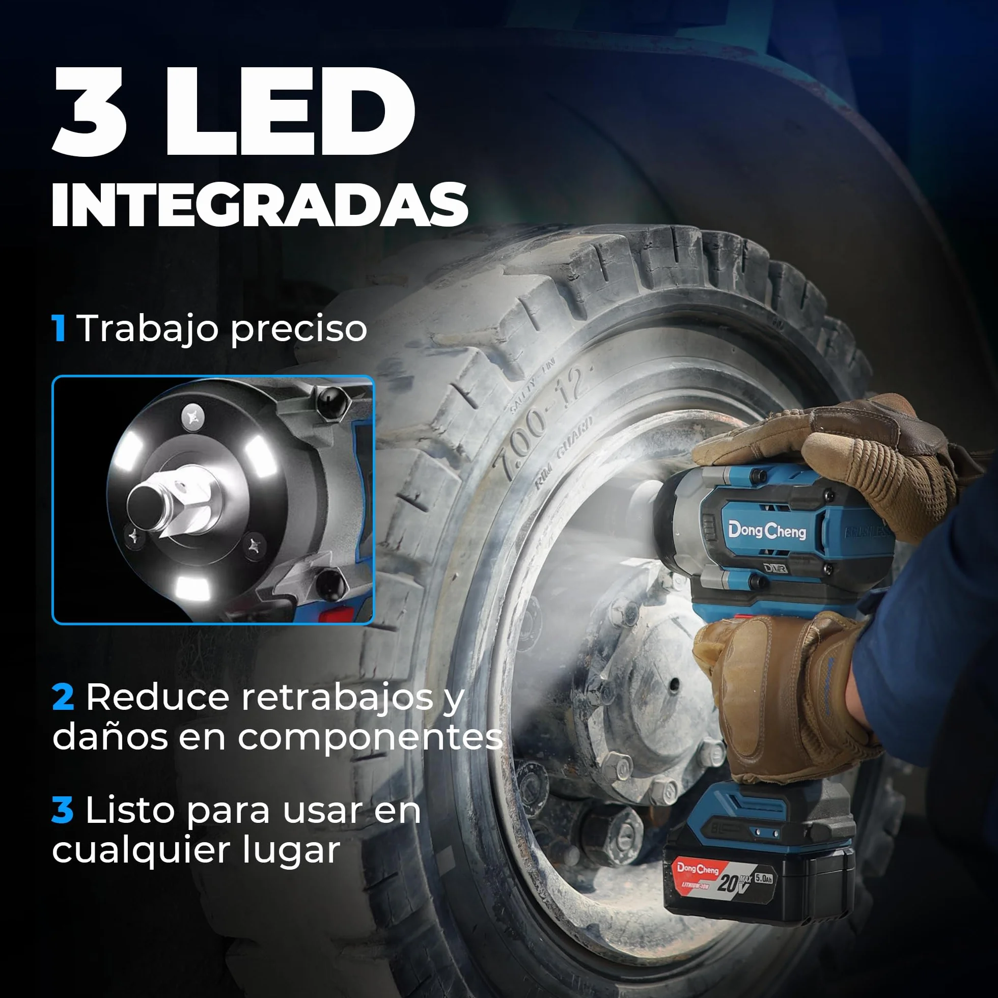 Dong Cheng Llave de impacto a batería sin escobillas 1/2", 1700 Nm, 3 vel (0-1900rpm), 2 bat 5Ah + cargador rápido + 3 dados + maletín. Para coches, camiones y maquinaria pesada