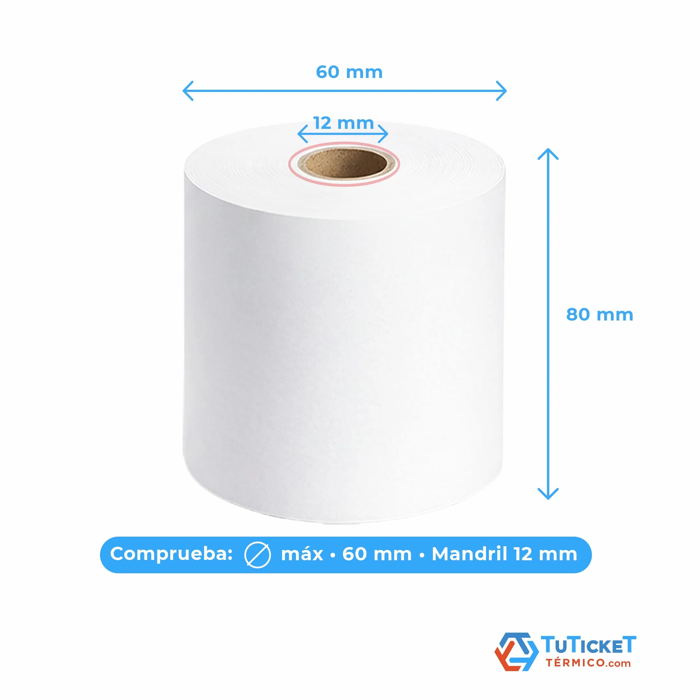 Rollo de Papel Térmico 80x60x12 mm (60 uds) para Impresora Térmica de Ticket y Comanda, Caja Registradora y demás TPV. Sin Bisphenol A