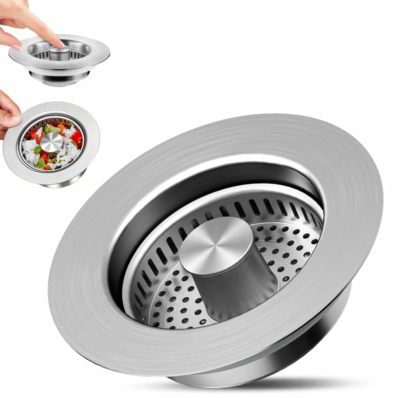 Tapon Fregadero Cocina 3 en 1 Acero Inoxidable Filtro AntiOlores Press Push 73-87mm