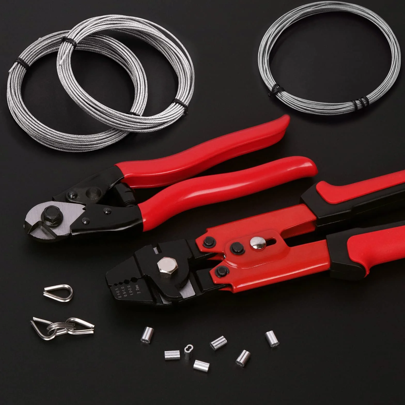 Swpeet 165 herramientas profesionales de crimpado de cuerda de alambre de hasta 2,2 mm y cortador de cables, manga de doble bucle de crimpado de aluminio con dedal de acero inoxidable y kit