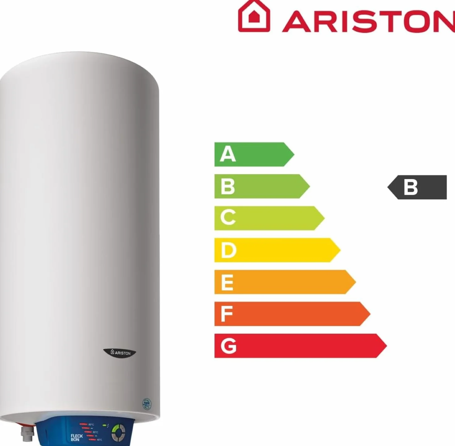 Ariston, Fleck Bon - Termo Eléctrico 50 Litros, Calentador de Agua Eléctrico Horizontal/Vertical Seguro y Eficiente 35.3x38x85.5cm, Calentadores para Instalación en España - Eficiencia B, Rango (A+/F)
