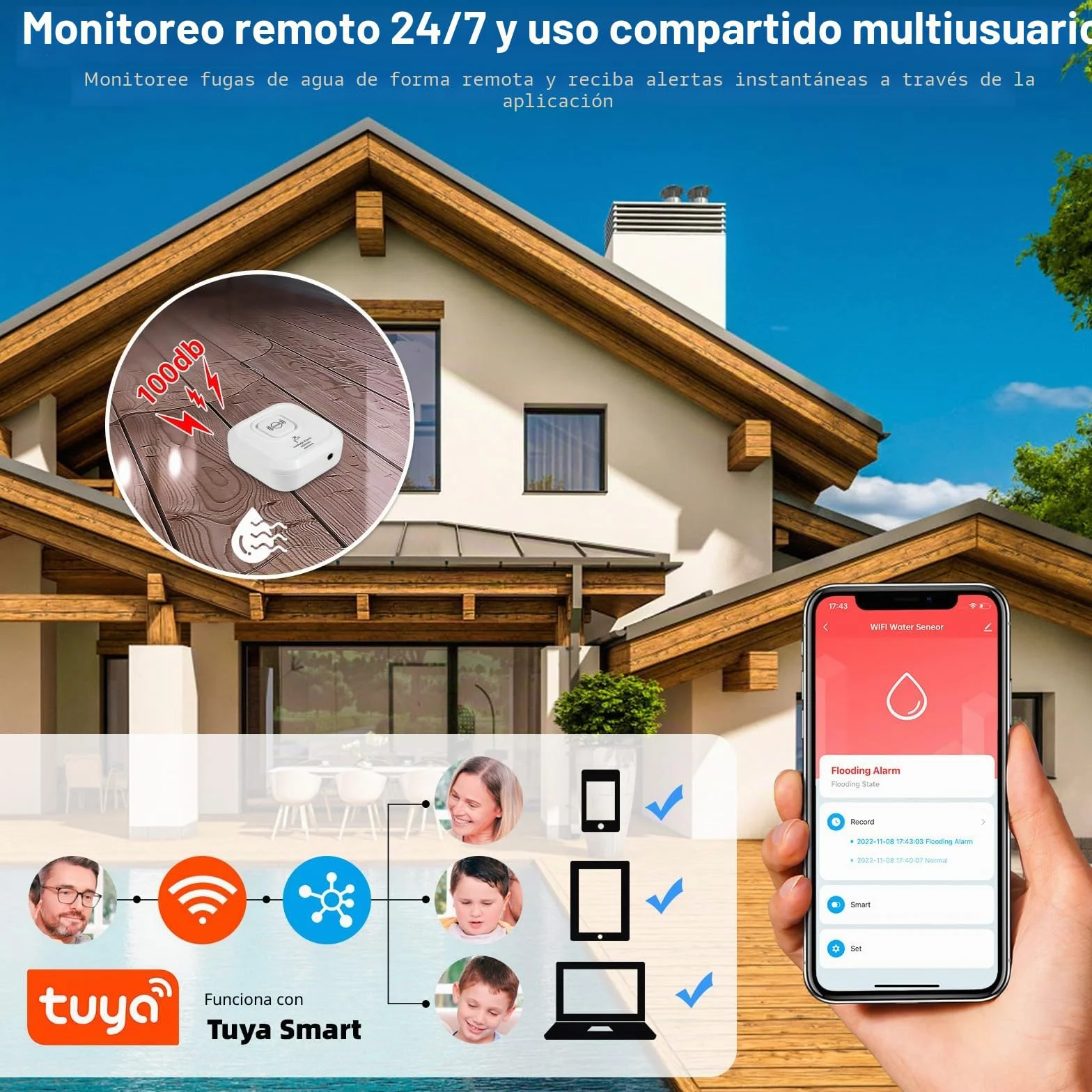 Detector de Fugas de Agua WiFi 100dB Alarma Sensor de Agua Tuya App 3 Tipos Detección Inalámbrico Cable Sonda 105 cm