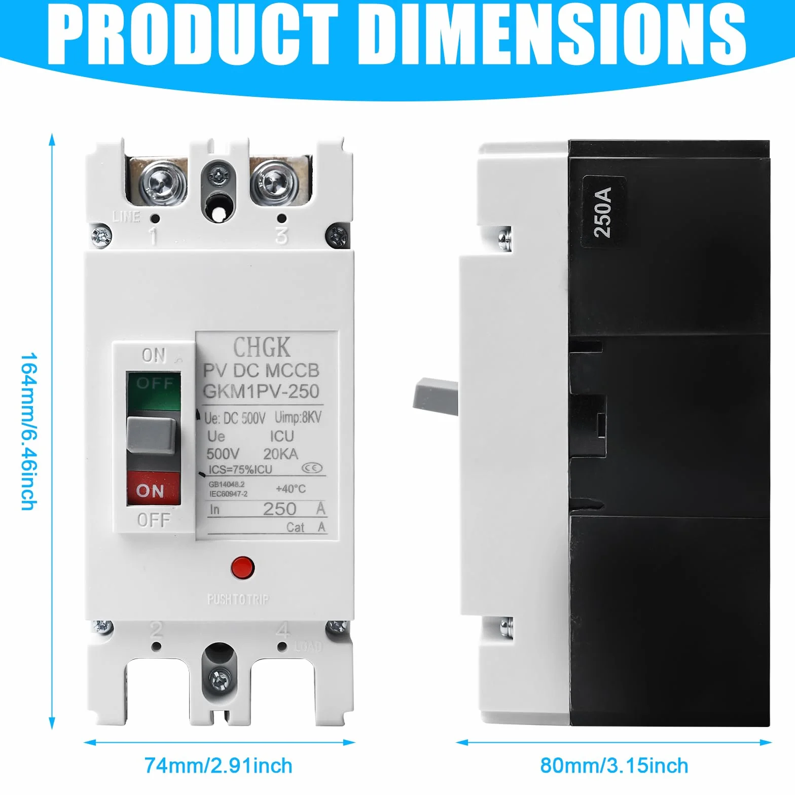 MCCB - Disyuntor de corriente continua (2 pines, DC500 V, 200 A, incluye accesorios de montaje, disyuntor fotovoltaico para sistema solar fotovoltaico, módulos solares, sistema de red