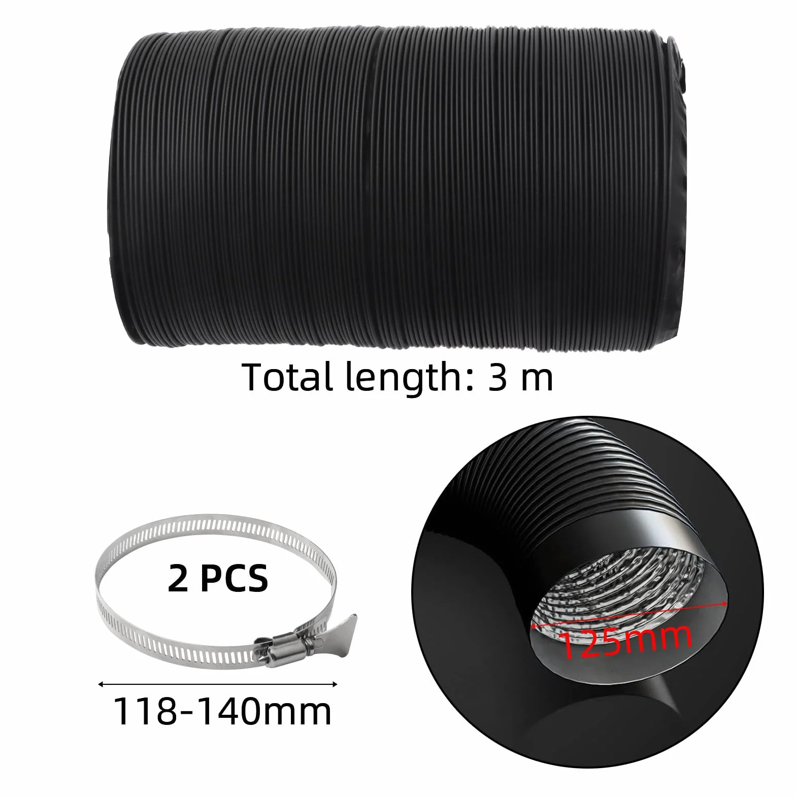 3 m Tubo Flexible de Salida de Aire 125 mm Tubo Aire con 2 Abrazaderas Acero Flexible di Aluminio PVC para Extractor de Aire Climatización Secadora Conducto de Aire de Ventilación Sistemas