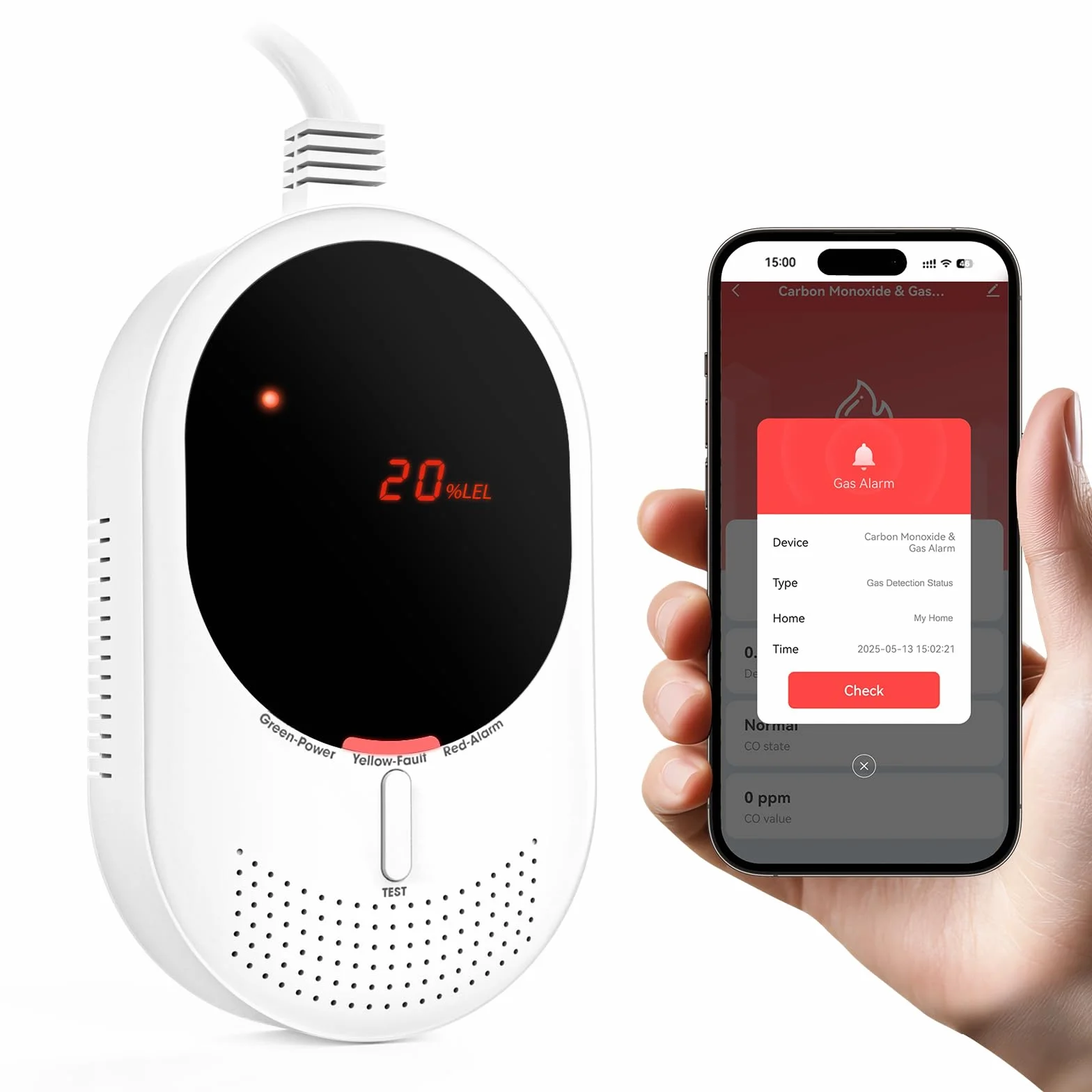 PHYSEN Detector de Gas y Monóxido de Carbono WiFi con Pantalla LED, Certificado EN 50291/EN 50194, Compatible con Alexa/Google Home