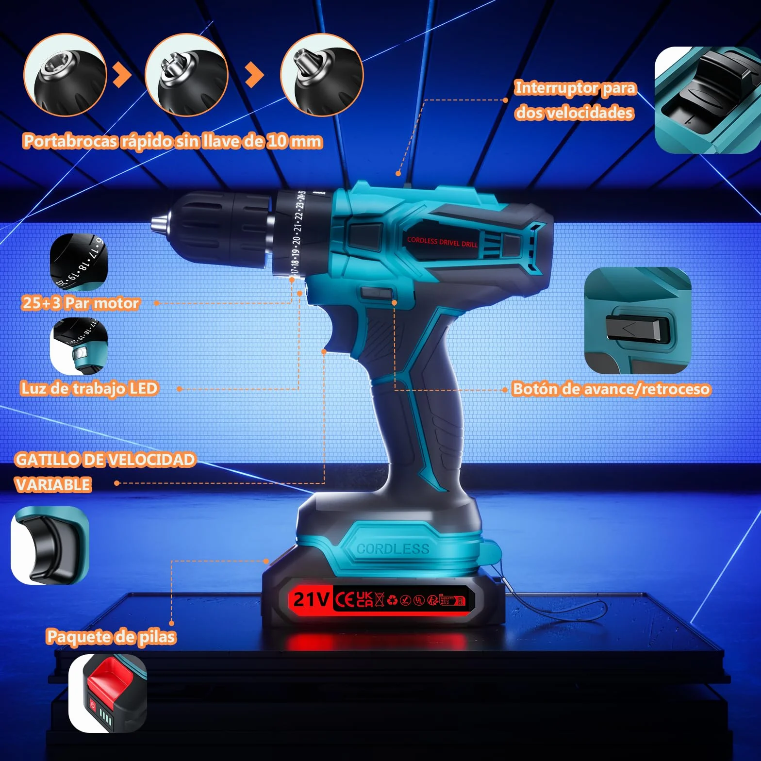 Taladro Percutor a Bateria 21V, Taladro Atornillador Bateria con 4000mAh Baterías, 45 Nm, 25+3 Ajuste Par (2 Velocidad y LED) Drill Adecuado para bricolaje en casa y jardín (Azul)
