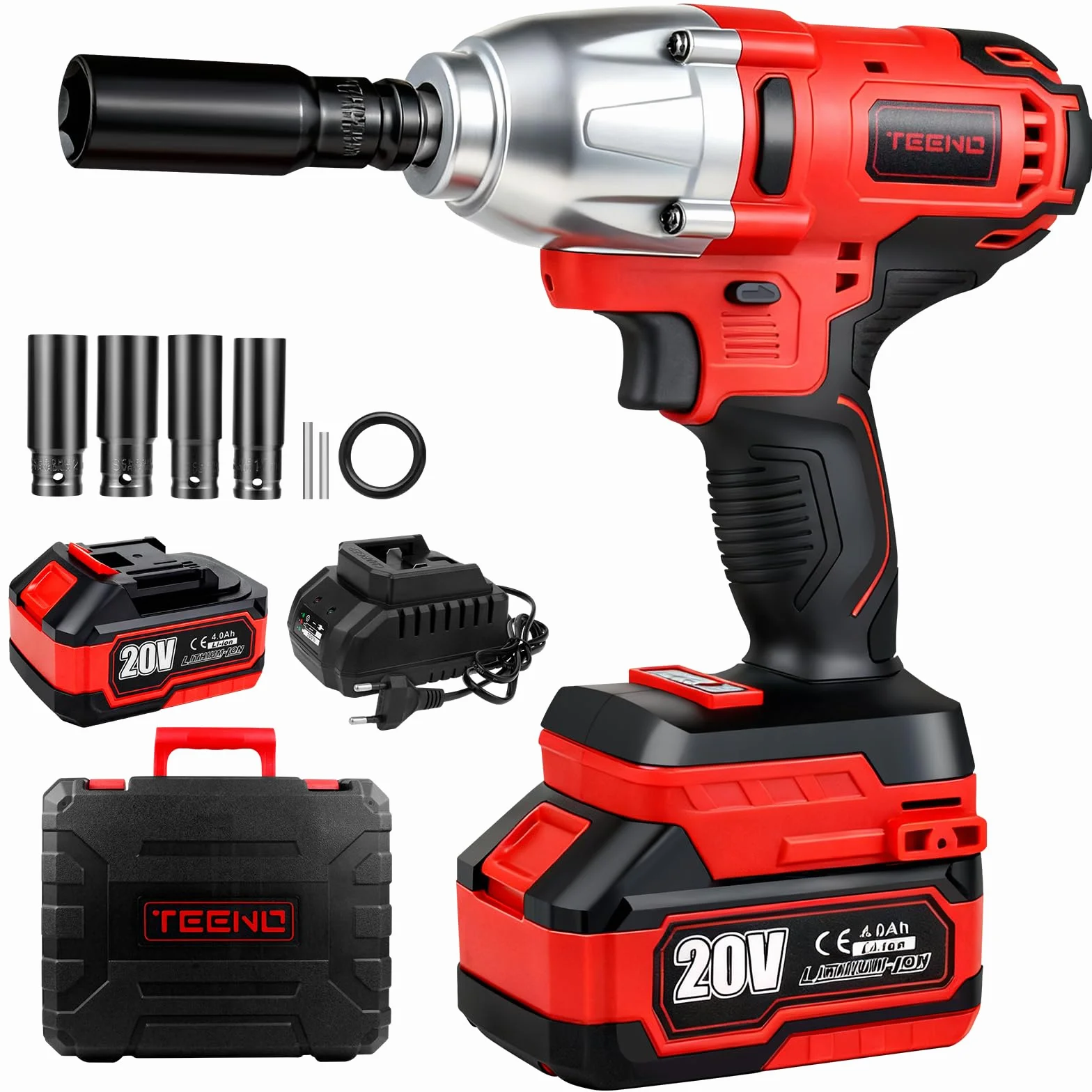 TEENO Llave de impacto, inalámbrica,1/2" Pistola de Impacto Bateria 600 Nm con batería de 1x4.0Ah, llave de impacto con 4 boquillas(17/19/21/22mm), giratoria para coche y uso