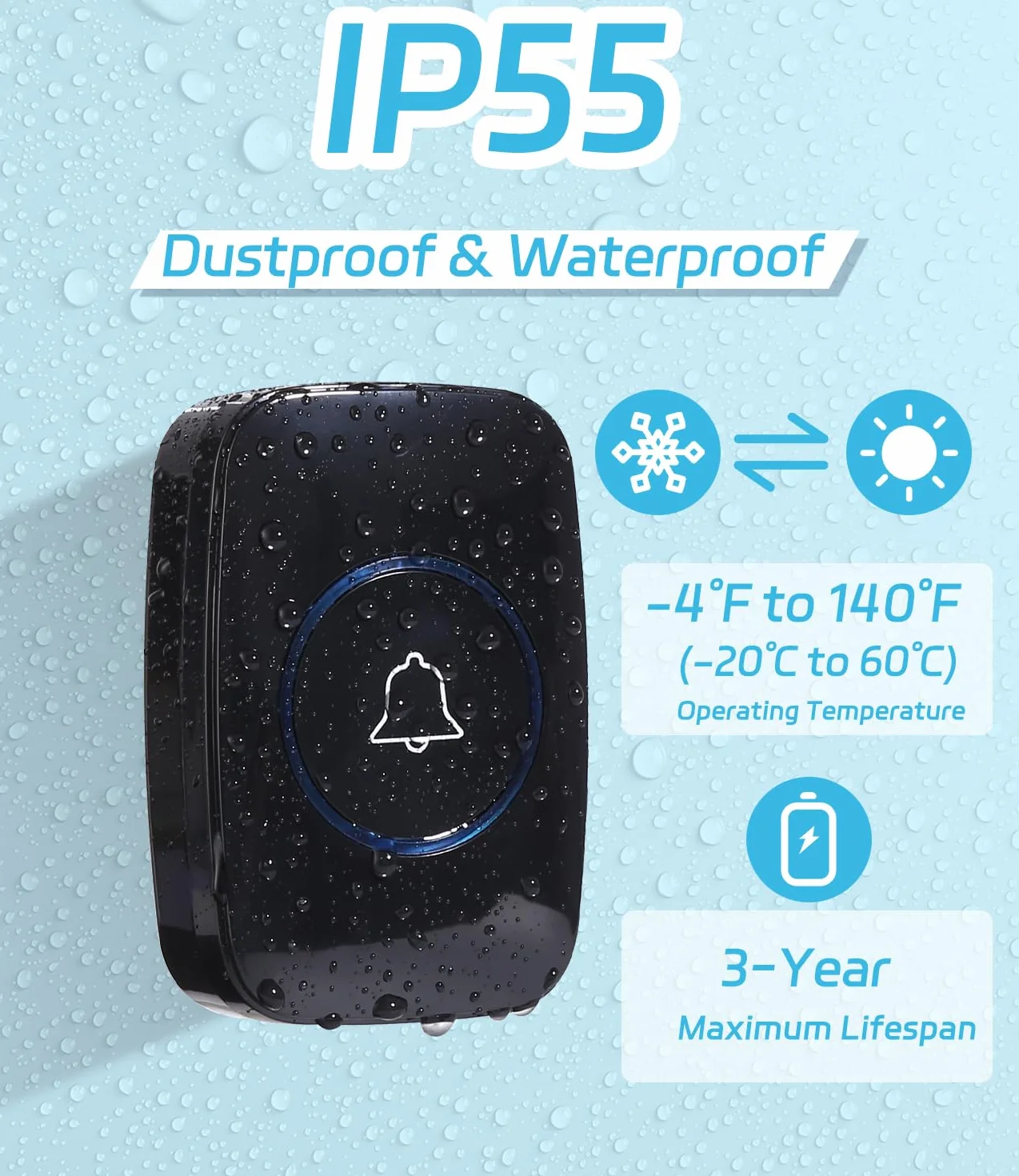 Timbre Inalámbrico Exterior Impermeable,Ip55 Kit De Timbre Inalambrico Doorbell Con 60 Melodías, Led Azul Para El Emergencias Hogar Oficina Hotel,300 metros Timbre Negro Timbre Casa Interior