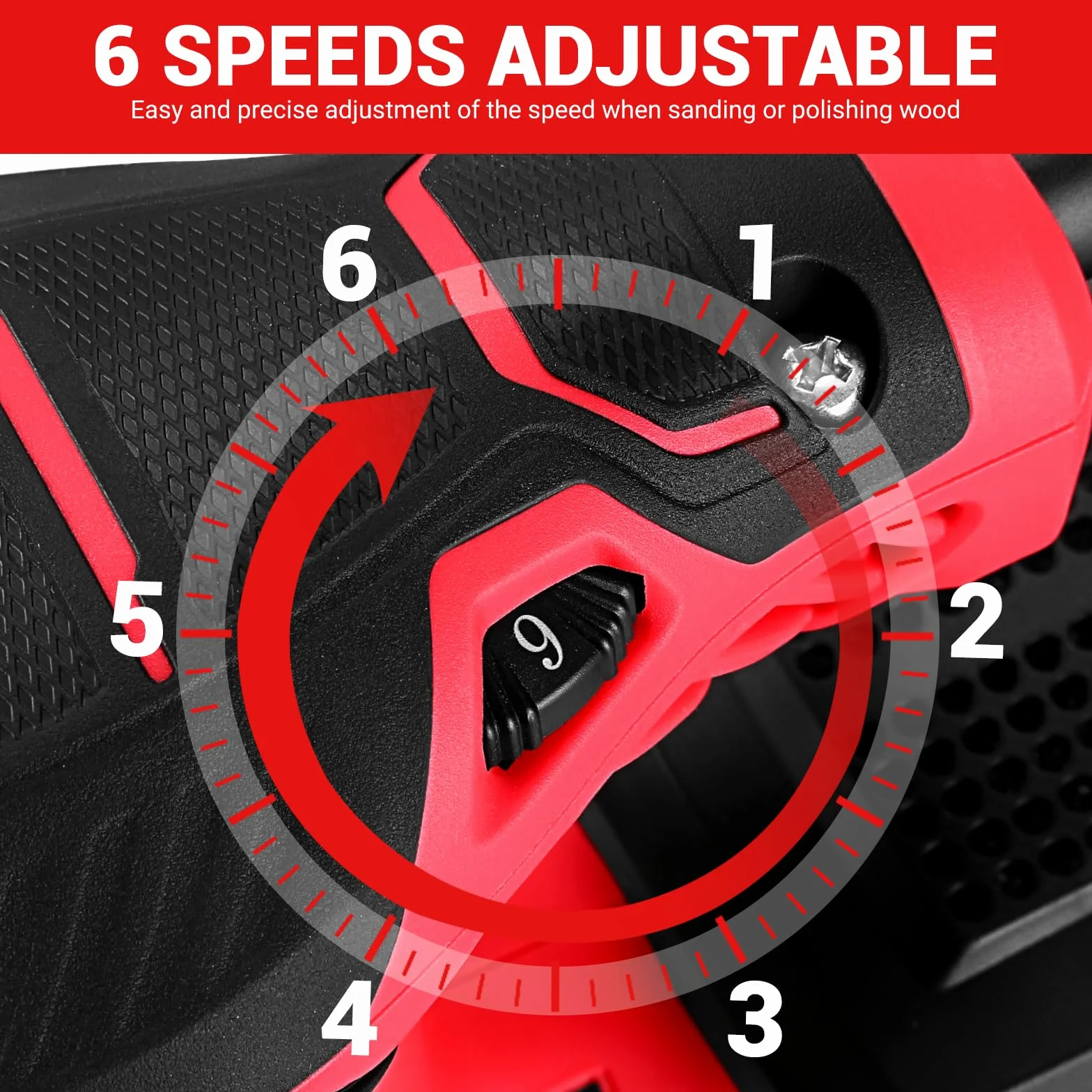 DEKOPRO Lijadora Orbital 300W, 6 ajustes de velocidad, 14000 rpm, adecuada para lijadoras eléctricas de madera, equipada con 16 hojas de lijado y 3 cepillos(Rojo)