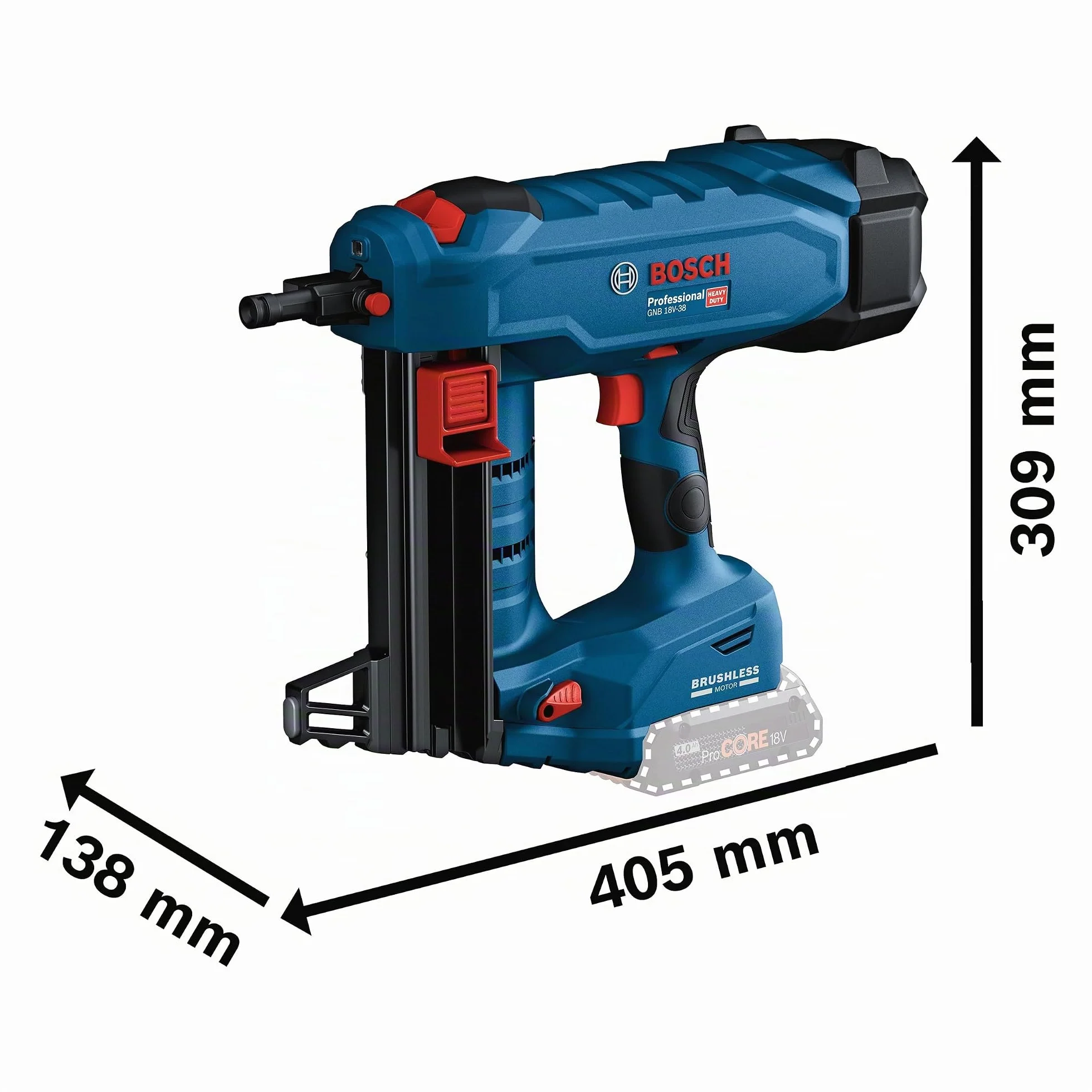 Bosch Professional 18V System Clavadora para Hormigón a Batería GNB 18V-38 (long. clavos 16-38 mm, incl. 2 ProCORE18V 4,0 Ah, GAL 18V-40, clavija de extracción, gancho para útiles, bandeja, XL-BOXX)