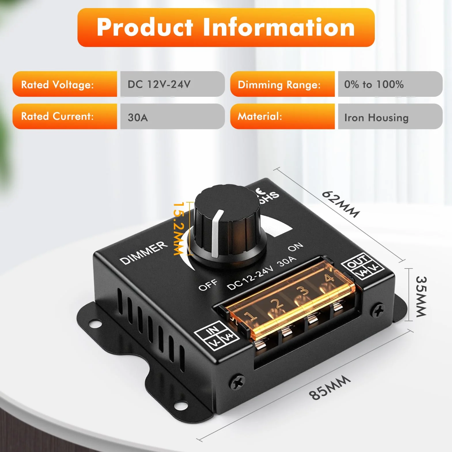 Controlador dimmer led DC12V-24V 30A PWM Dimming interruptor regulador de intensidad led con mando giratorio de ajuste de brillo Apto para tiras de luces LED