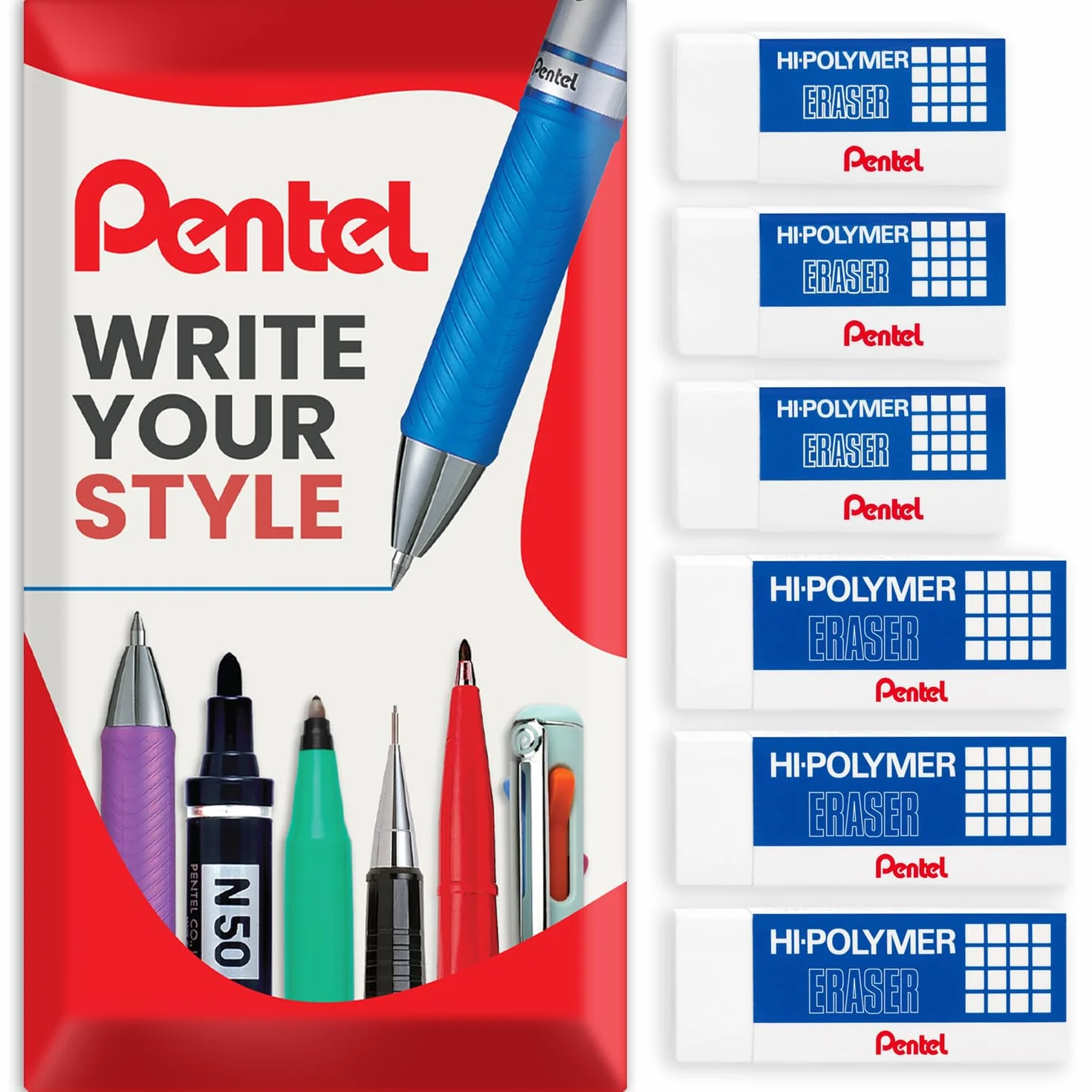 Pentel Goma de borrar de plástico de alto polímero ZEH05/ZEH10, paquete de 6, blanco, jumbo