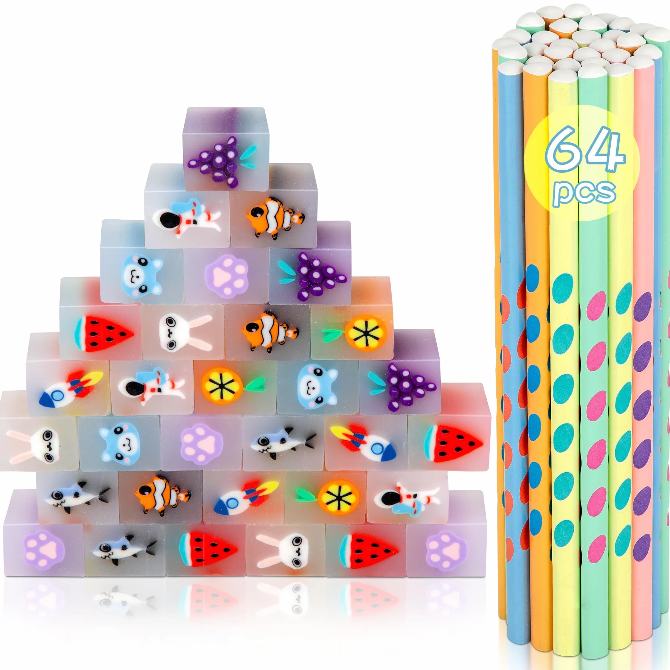 Lápices con Gomas Kawaii 64 Piezas para Niños Regalo Cumpleaños Colegio