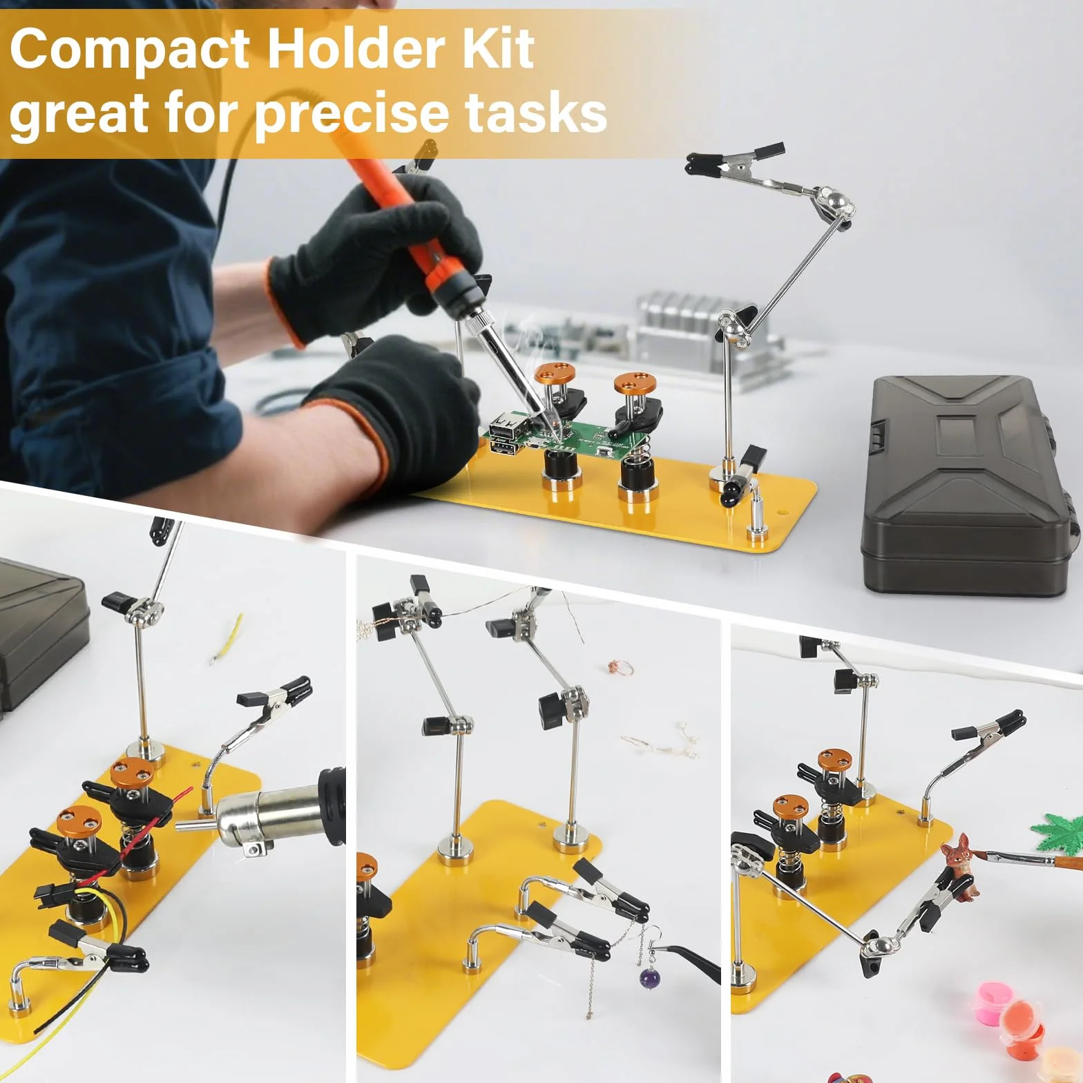 Toolour Tercera Mano ClampRex O3-BOX para Maker – Soporte de Soldadura Compacto con Abrazaderas Paralelas Duales, Base Magnética Ajustable para Placas de Circuito, Cables Finos y Componentes, Sin