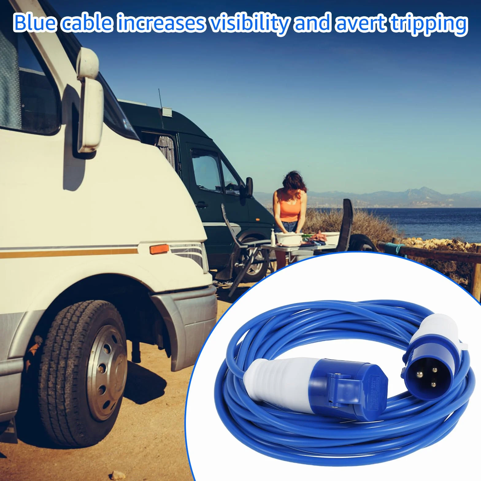 Cable de extensión CEE de 10 m, 230 V, 16 A, ultra seguro, robusto, cable de caravana, cable de camping H07BQ-F en color de señal azul, IP44, cable de alimentación para autocaravana, camping, camping