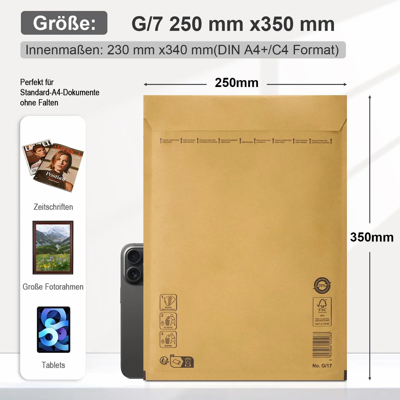 Sobres acolchados con burbujas G7 250 x 350 mm blanco DIN A4+ C4 cierre autoadhesivo