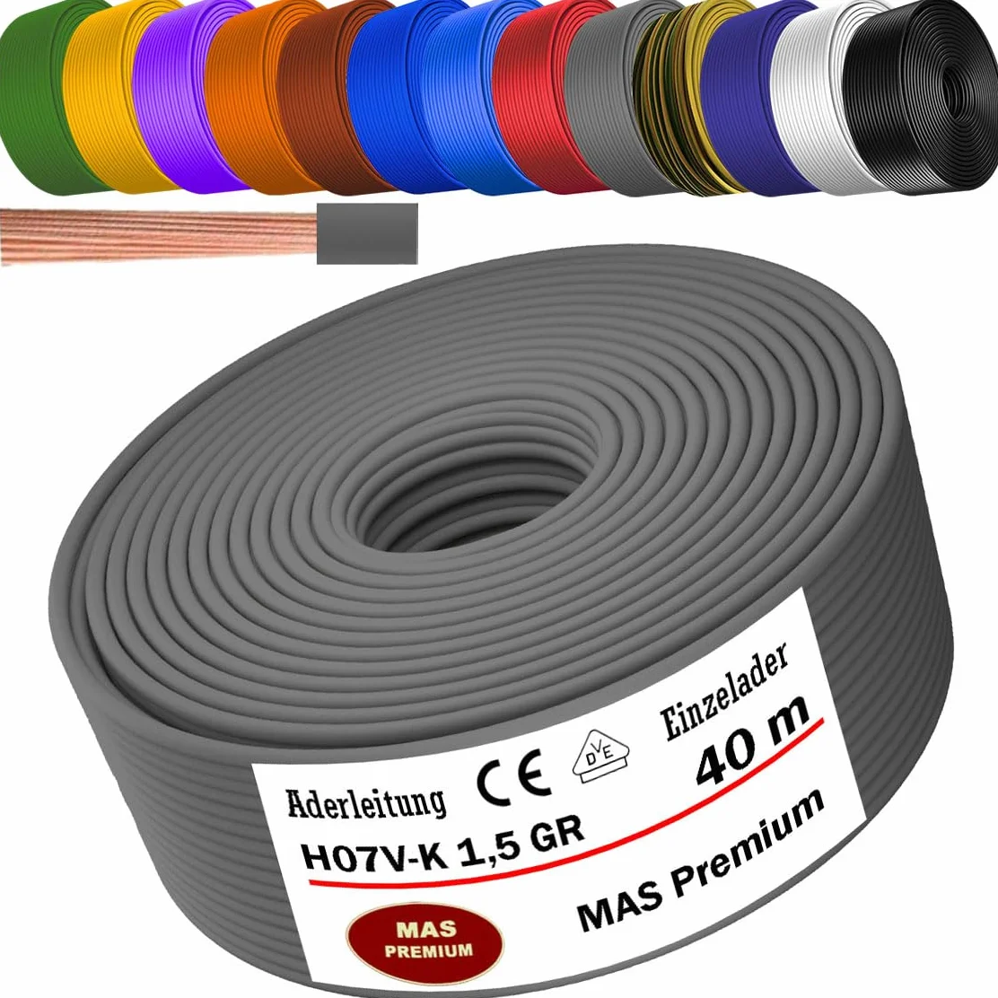 Cable de 5 a 100 m H07 V-K 1 x 1,5 mm², cable flexible simple (gris, 40 m)