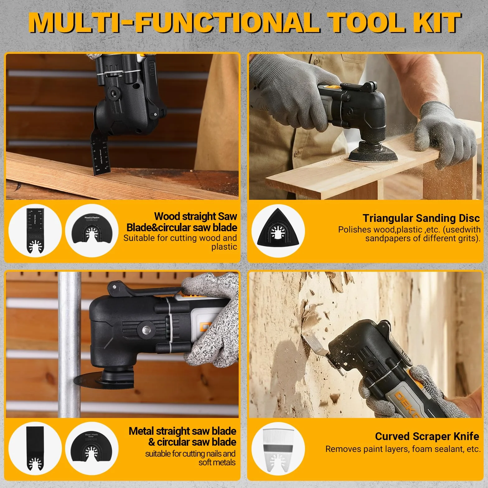 DEKOPRO Herramienta Multiherramienta oscilante de 300W, 15 000-22 000 rpm, Multitool Eléctrico con Cable, Control de 6 Velocidades, Incluye 20 Hojas de Lija, Apto para Madera, Plástico y Metal