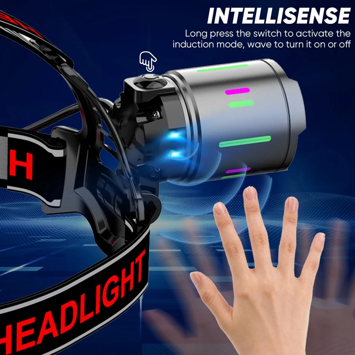 NAKCNM Linterna frontal LED recargable con sensor de movimiento, linterna frontal con pantalla LCD, 20000 lúmenes, 3 modos de enfoque ajustable, lámpara de casco con bolsa para camping, senderismo,