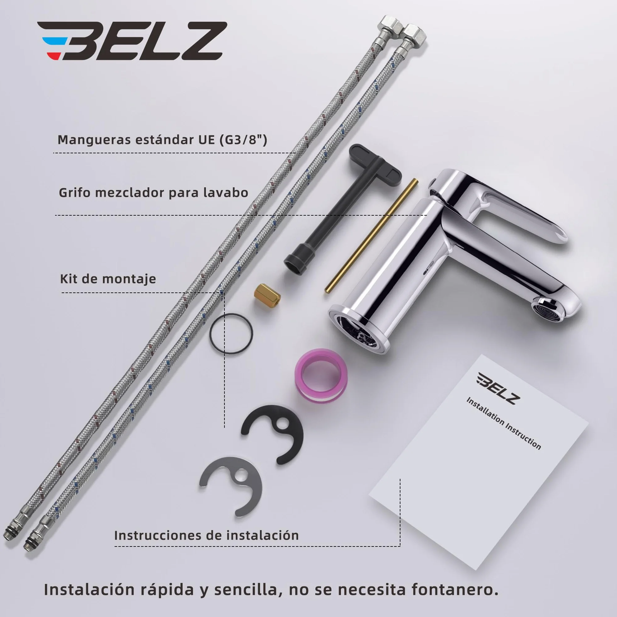 BELZ Grifo de Baño, Grifo de Baño Monomando para Lavabo, Grifo Mezclador de Latón Sólido, Ahorrador de Agua y Duradero, Cromado