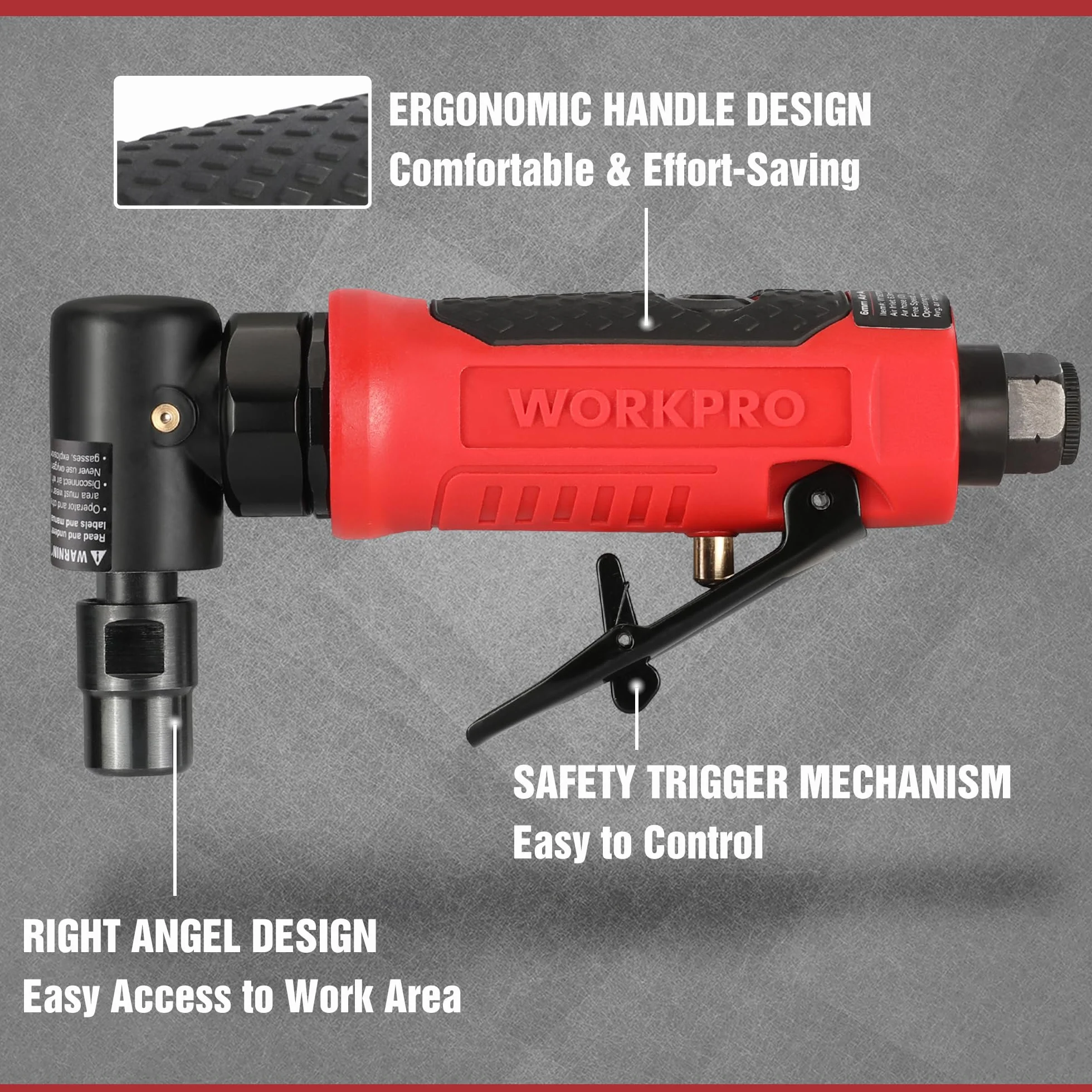 WORKPRO Amoladora Angular Neumática de Aire, Mini Amoladora Angular Neumática para Reparación y Otras Aplicaciones, Amoladora Neumática de 1/4’’, 20000 rpm, 2 Abrazadera (3mm;6mm)