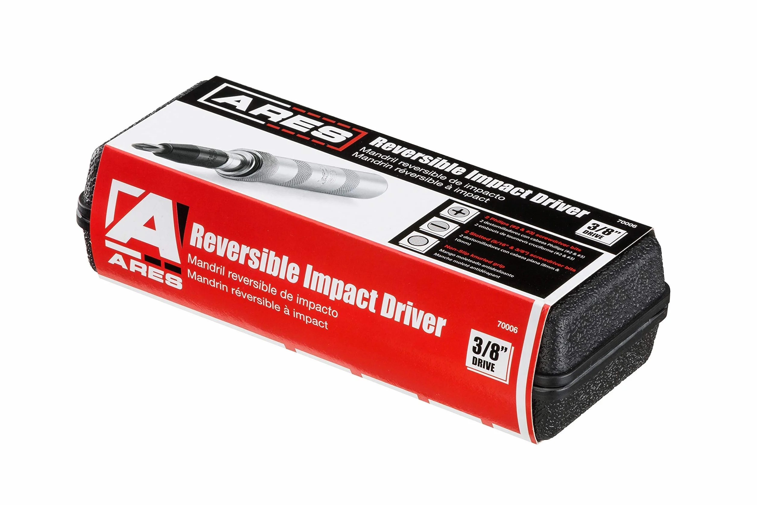 ARES 70006 | Destornillador de impacto reversible manual de 3/8 pulgadas | Cabezal plano 5/16 pulgadas, 3/8 pulgadas y Phillips #2, 3 brocas para aplicaciones más comunes | desenganchar cierres oxidados o pernos congelados