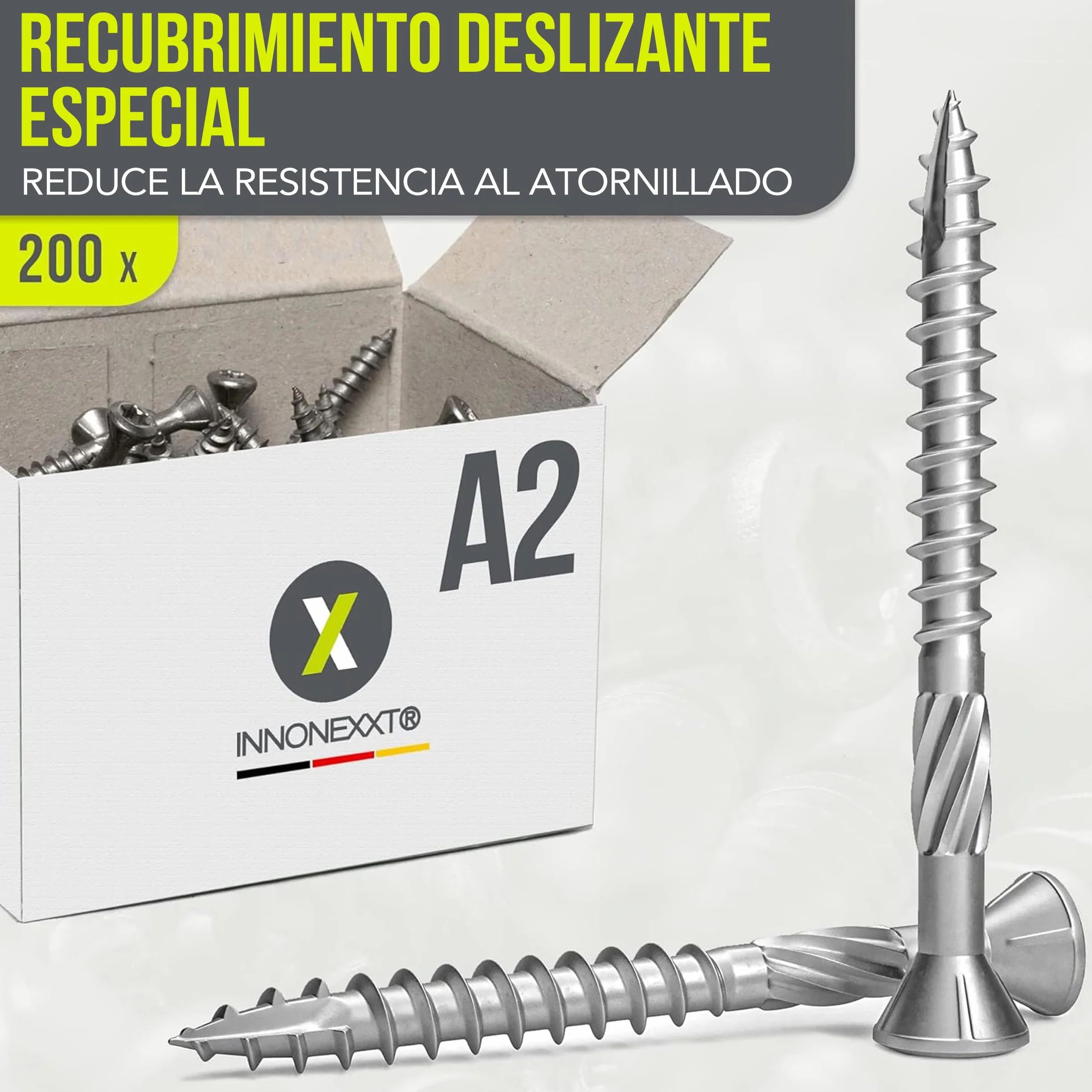 Tornillos para terraza Muesca de corte Torx | A2 TX25-5,0x50mm - 200 uds| Tornillos para tarimas de acero inoxidable de primera calidad con recubrimiento deslizante, tornillo tarima madera