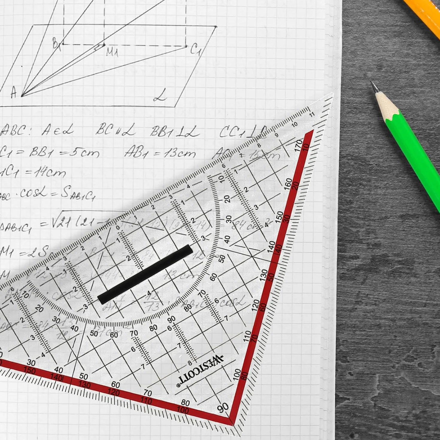 Westcott Transportador 22 cm con mango desmontable transparente escala roja técnica para escuela