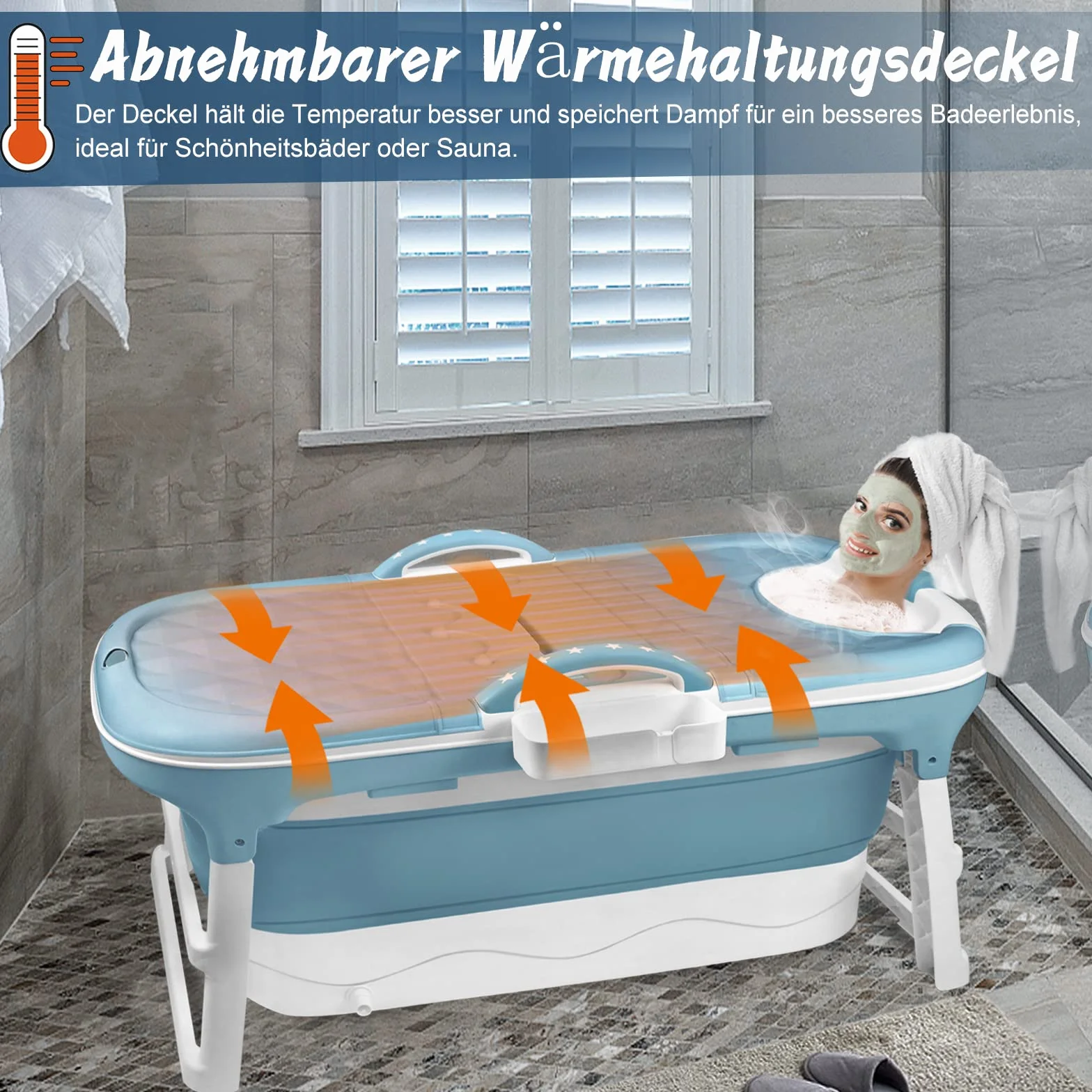 HENGMEI Bañera plegable para adultos, 112 x 62 x 52 cm, bañera portátil con cubierta, rodillos de masaje y bandeja para bañera, azul y verde