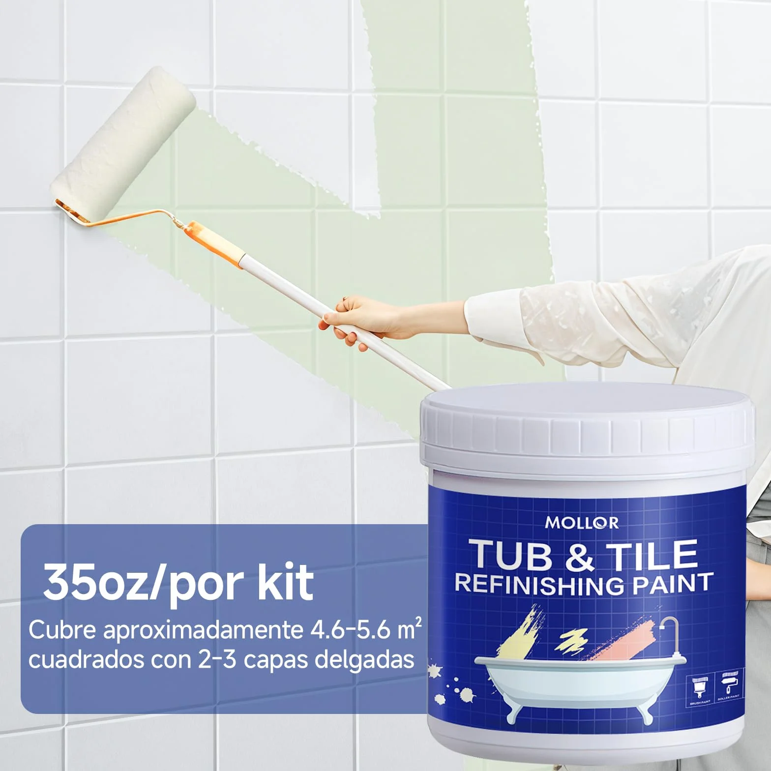 Kit de renovación bañeras y azulejos con herramientas, 35oz pintura blanca water-based, bajo olor, DIY, fácil uso, semi-brillante, 4.6-5.5m²