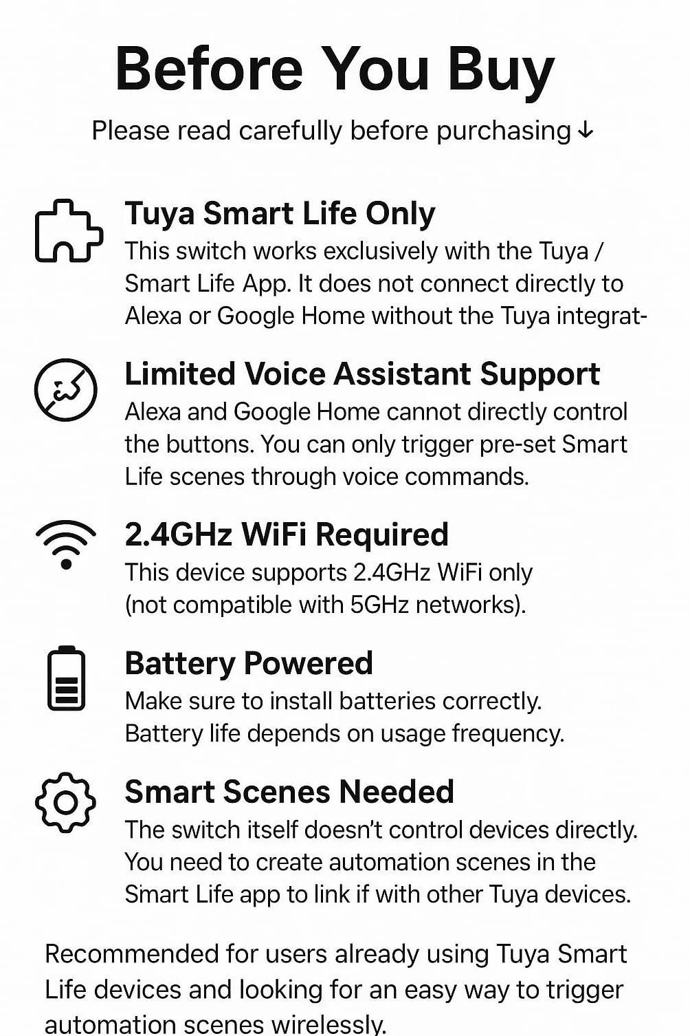 Interruptor Inteligente Interruptor Wifi de 2 Botones Interruptor Inteligente de Escena Repetidor Compatible con Tuya Smart Life(Incompatible con Alexa)