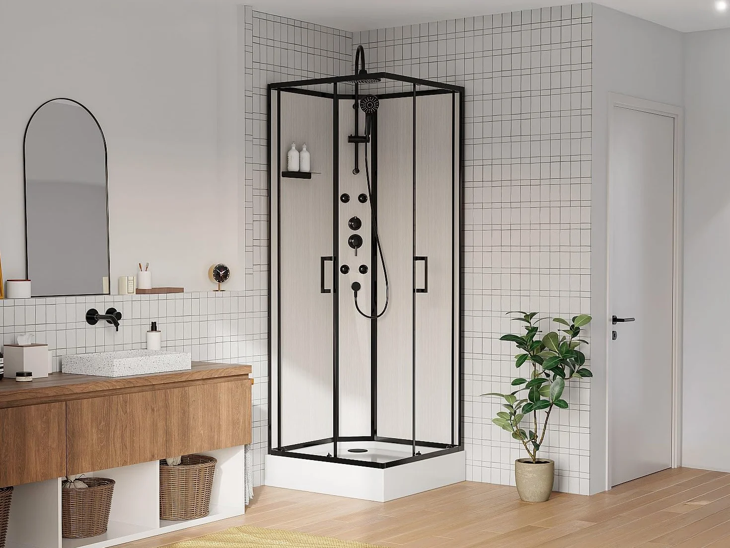Vente-unique-Cabina de ducha de hidromasaje de fibra de bamb˙ - Negro mate - L80 x W80 x H225 cm - ARDALI