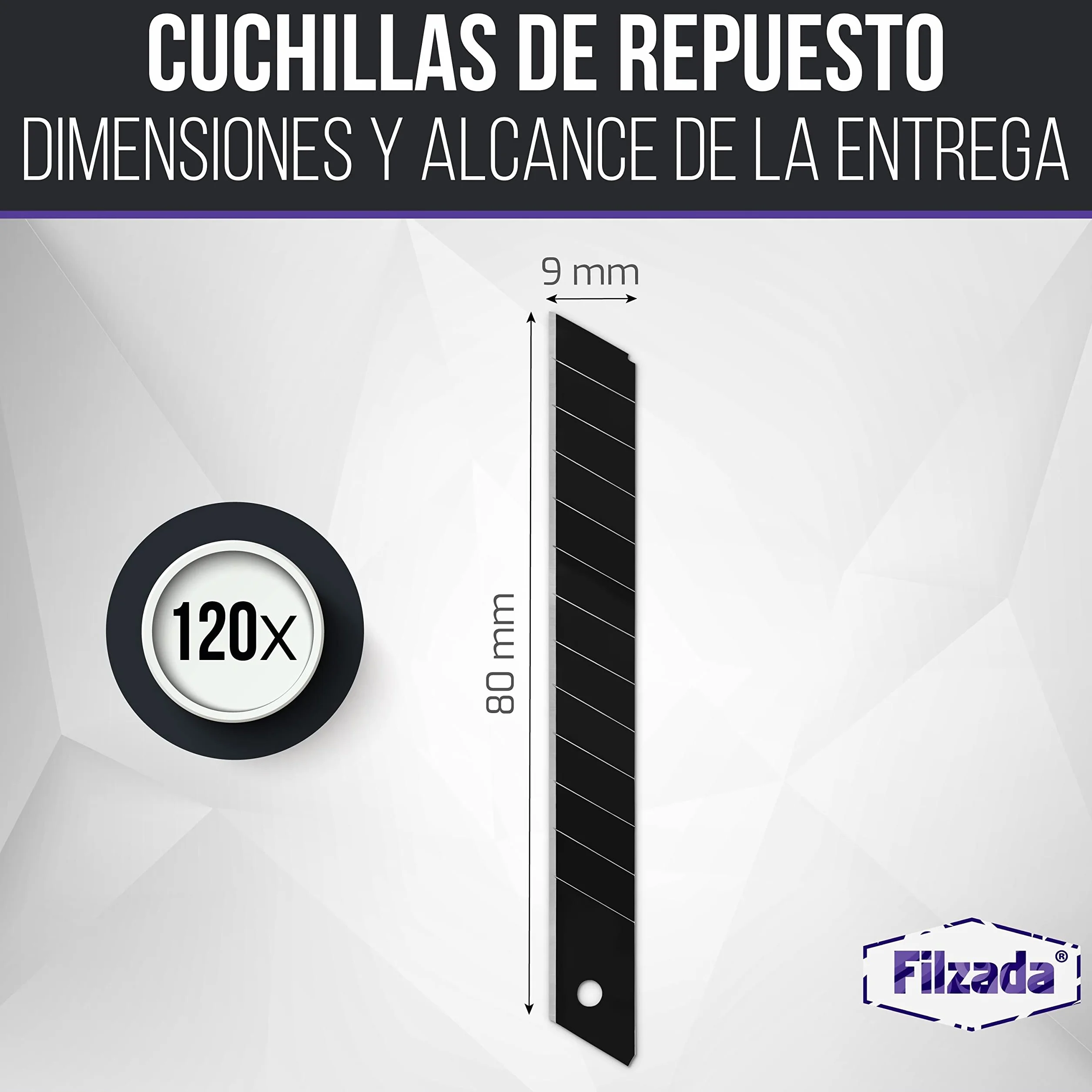Filzada® 120x Cuchillas de repuesto para cuchillos de corte de 9mm NEGRO - Cuchillas ultra afiladas para alfombras - Cuchillas a presión para cuchillos de corte de 9mm