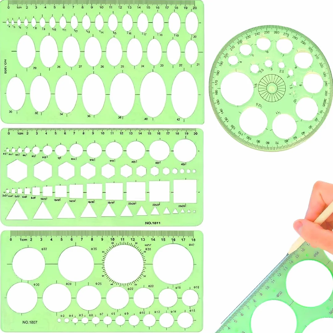 Plantillas Para Dibujar, Plantilla Círculos, Reglas Dibujo Técnico, Plantilla Elipses Isométricas, para Medir Reglas Círculo Geométrico Plantillas de Dibujo 4pcs (Verde Transparente)